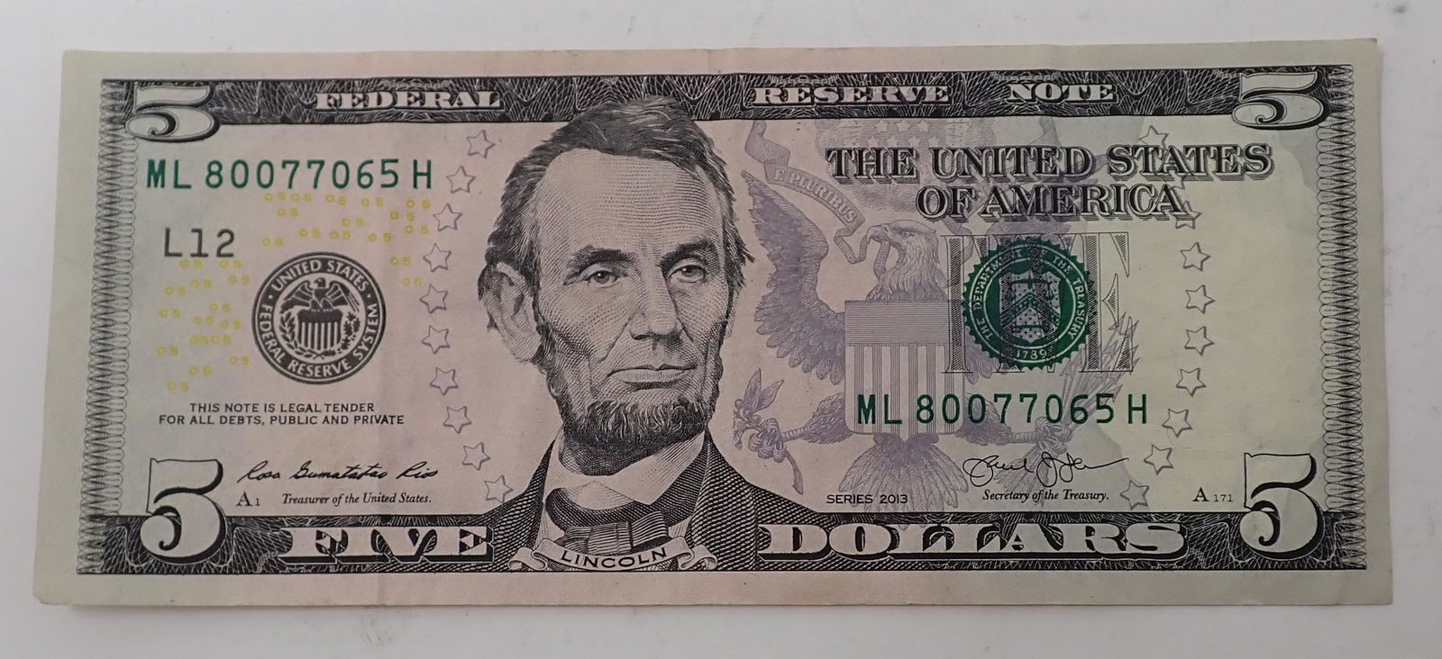 Series 2013 $5 Federal Reserve Note: Five dollar bill