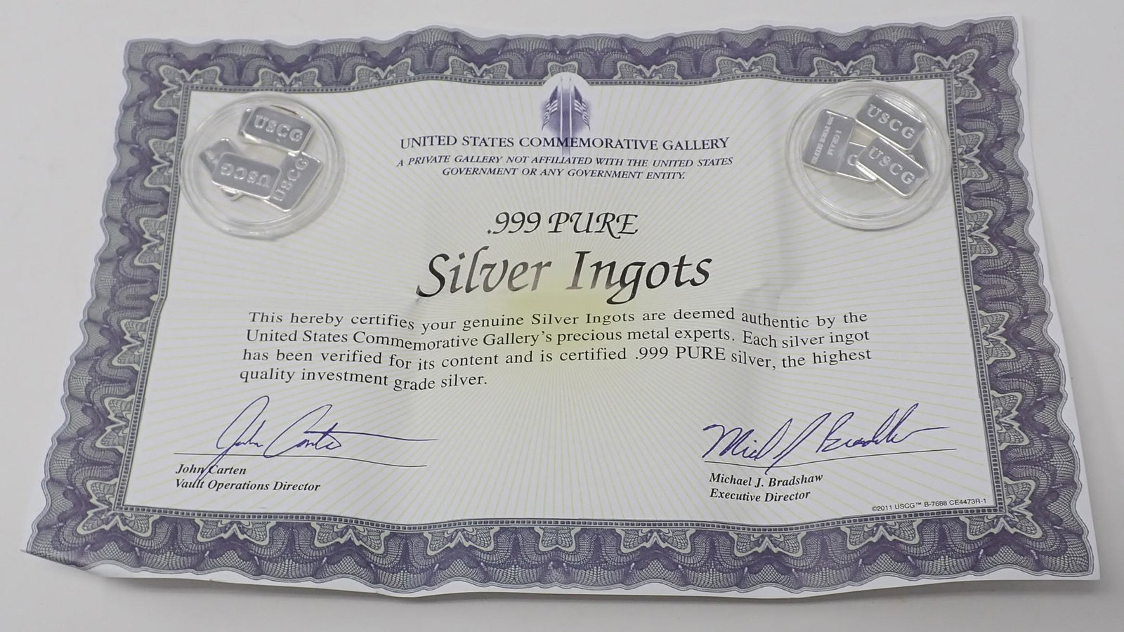 .999 Pure Silver Ingots: There are a total of 10 ingots , weighing one gram each.