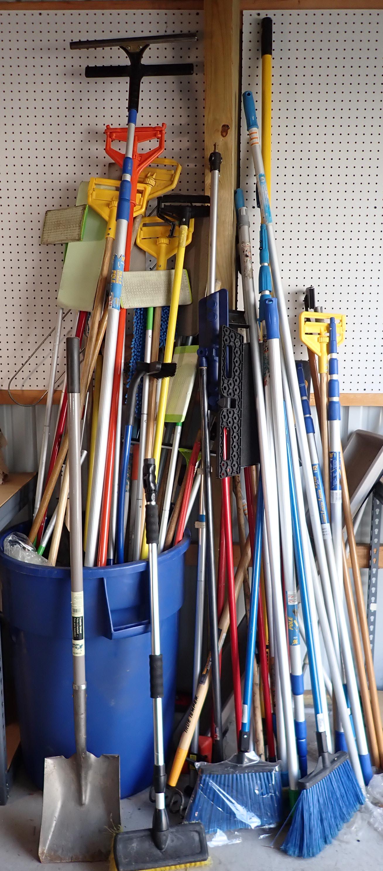 Mop Handles Garden Tools Pool Poles: Lot includes everything pictured between the 2 shelving units. NO SHIPPING !