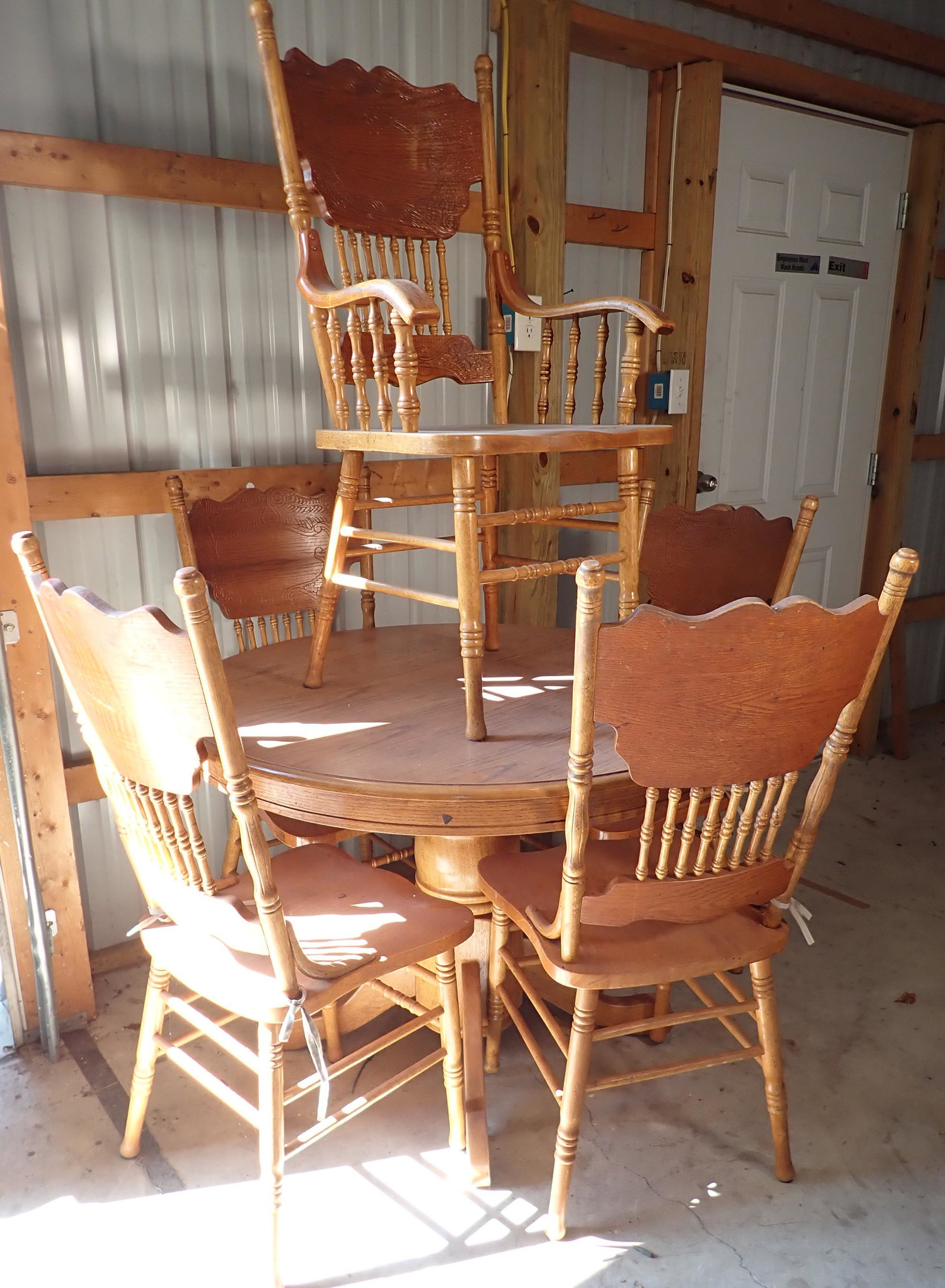 Table and 5 Chairs: Table, 4 side chairs and arm chair. Table is approx 42" in diameter. Sun glare in photos !