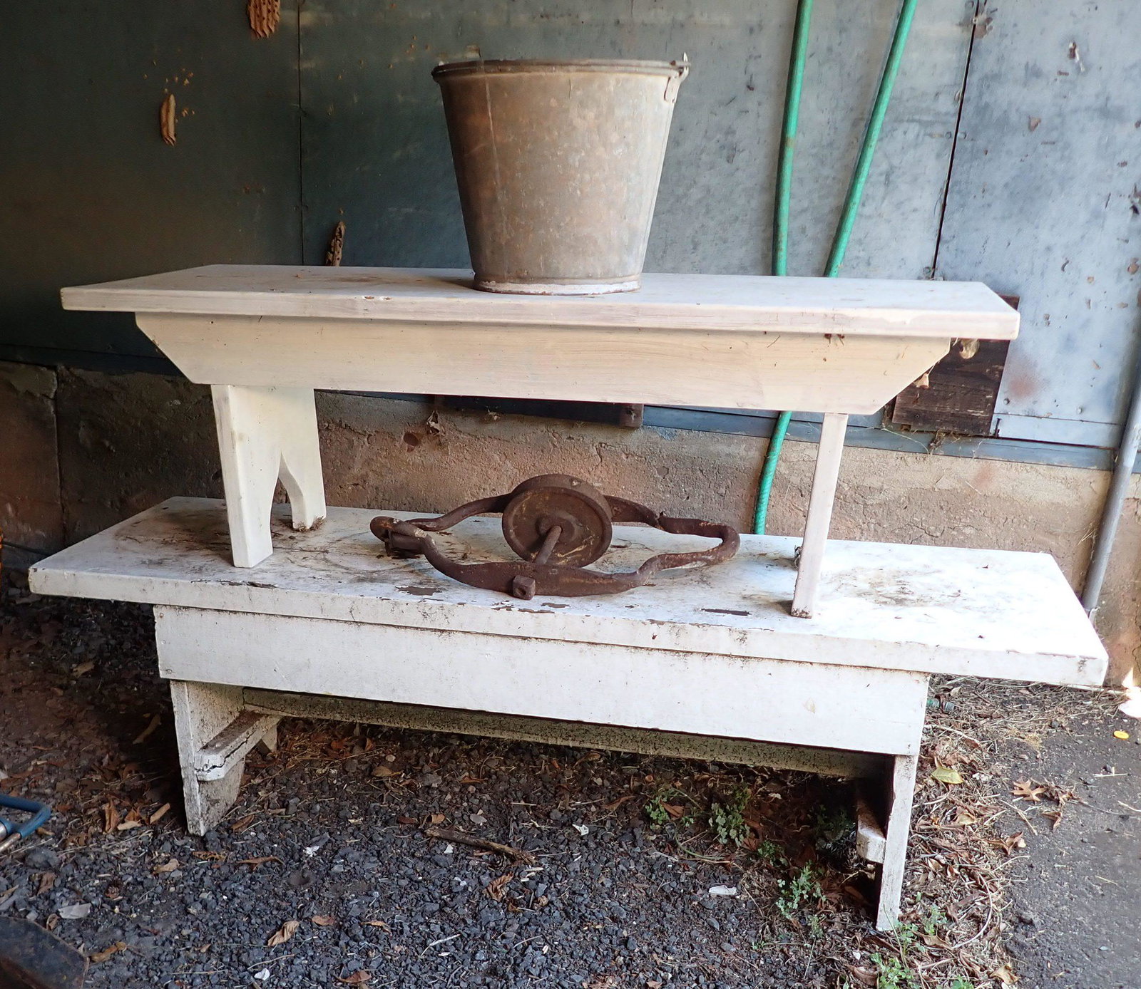 Benches Pulley Galvanized Bucket: Bench on top is approx 17" x 48" x 16" tall. NO SHIPPING