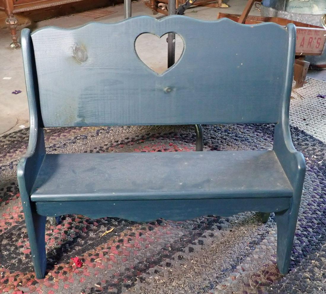 Blue Painted Doll Bench w/ Heart Cut out: Approx 25 1/2" long and 23 3/4" tall. NO SHIPPING !