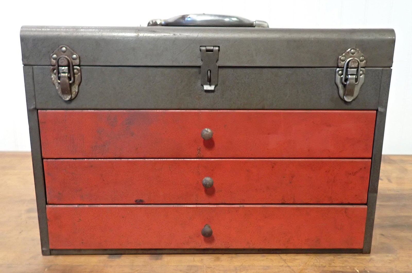 Tool Box w/ Misc Parts & Steel Stock: Box is approx 9 1/2" x 19" x 13" tall. NO SHIPPING !