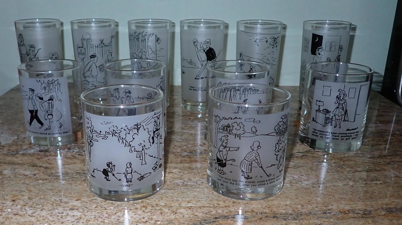 12 Vintage Golf Digest Magazine Drinking Glasses: Tallest are approx 2 7/8" in diameter and 5 1/2" tall. NO SHIPPING