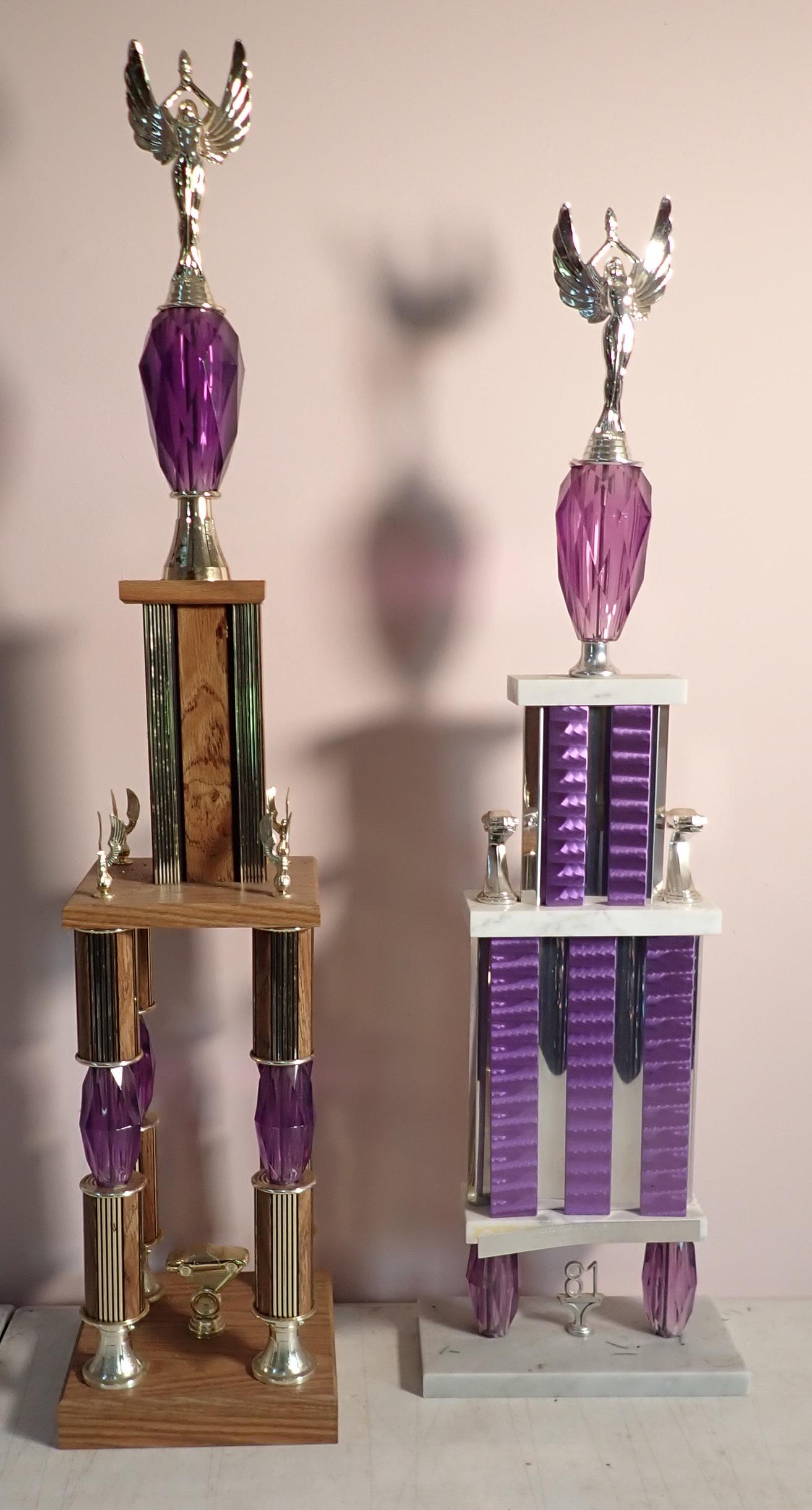 1981 4th Place Fleminton Speedway Car Owner Trophy: Klein & Baumann Trophy is approx 35 1/4" tall. Trophy on left does not have a plaque