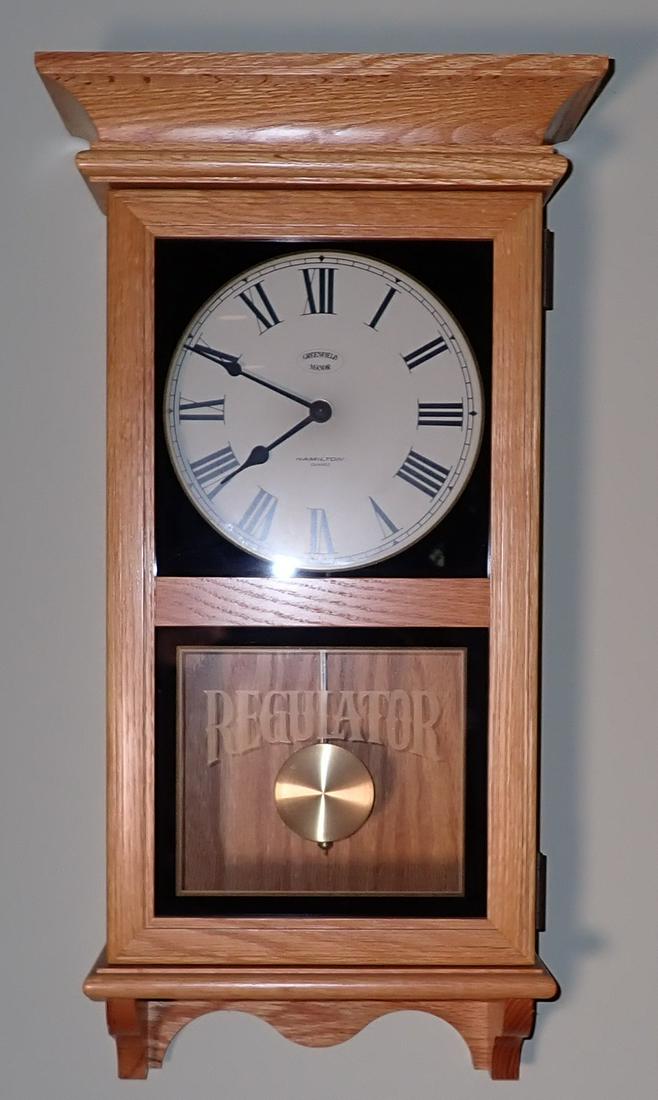 Battery Operated Regulator Clock: Approx 5" x 12" x 27 1/4" tall. NO SHIPPING