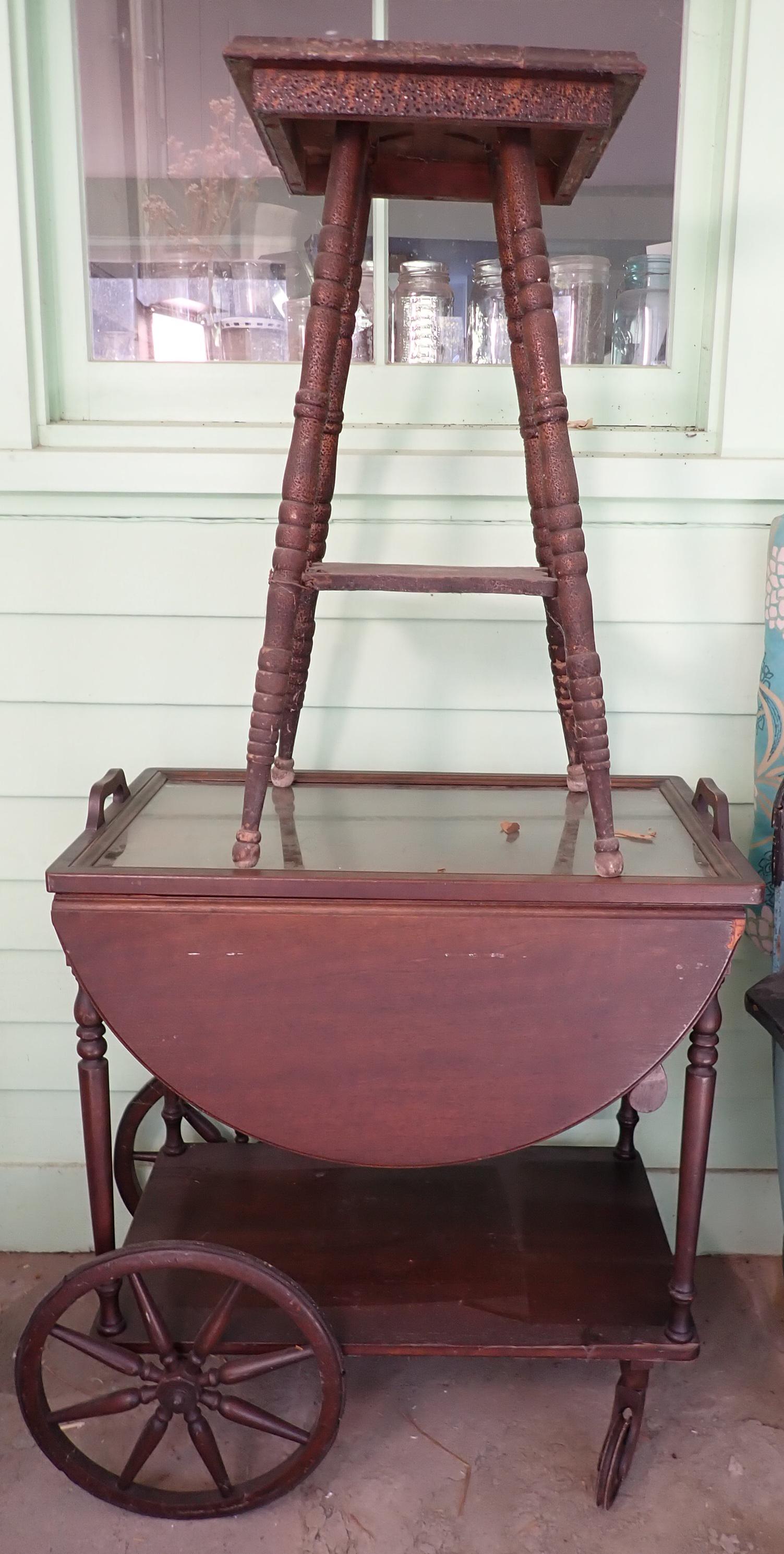 Tea Cart & Plant Stand: Tea Cart is approx 17 1/4" x 27" x 31" tall. NO SHIPPING !