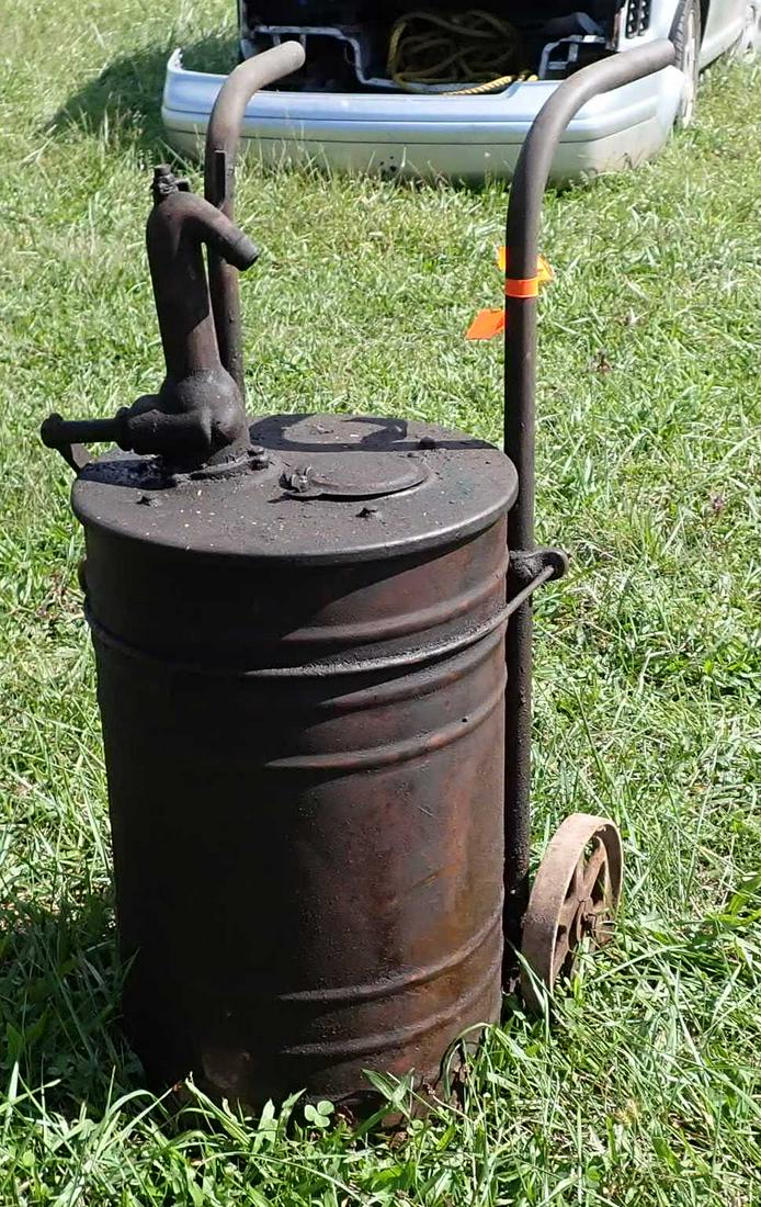 Lubester On Cart: Has a little over 1/4 of oil in it. Approx 14 1/2" in diameter and 22 1/2" tall. NO SHIPPING