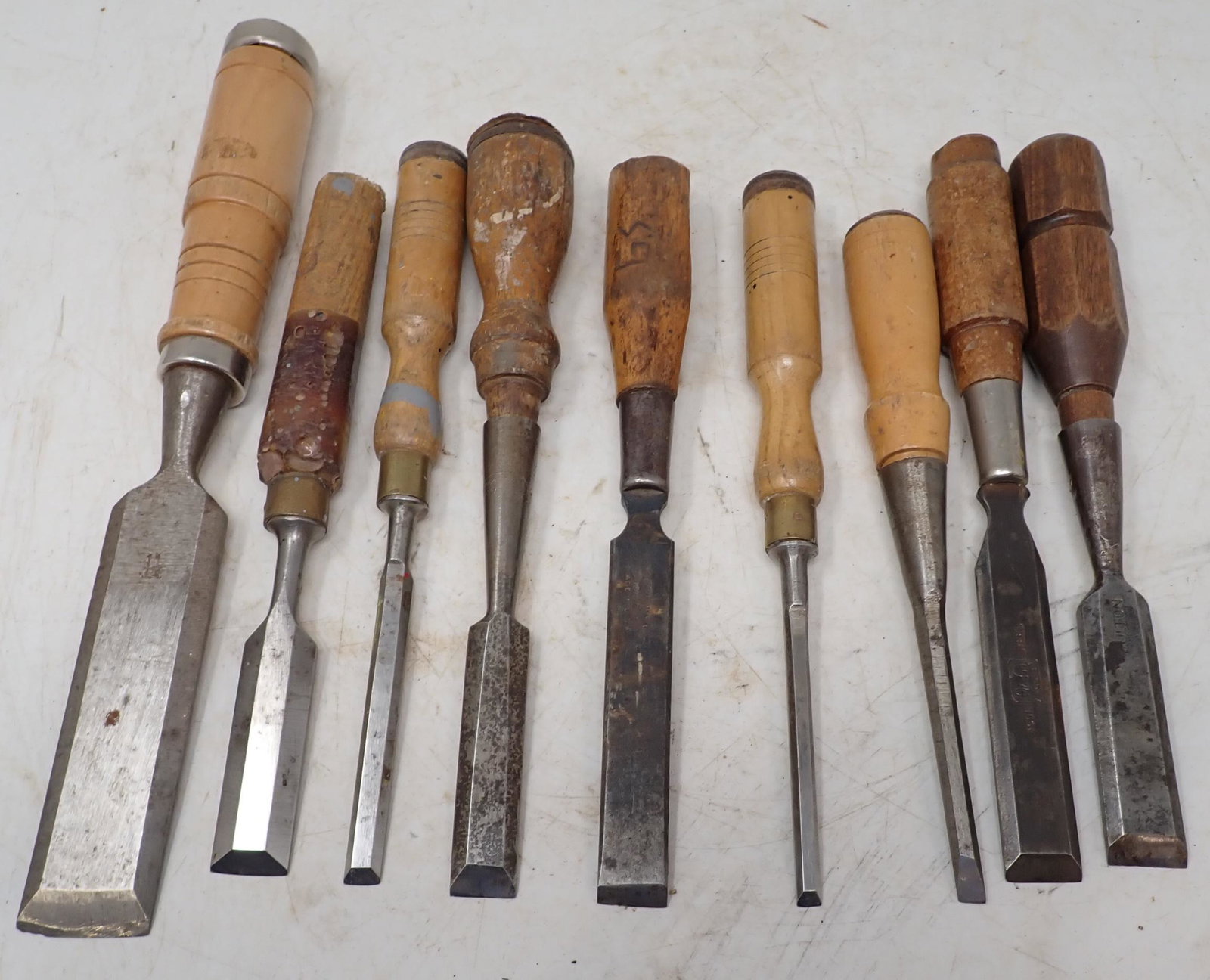 Chisels incl Fulton & HA: One on far left is approx 1 1/4" x 11 1/4"