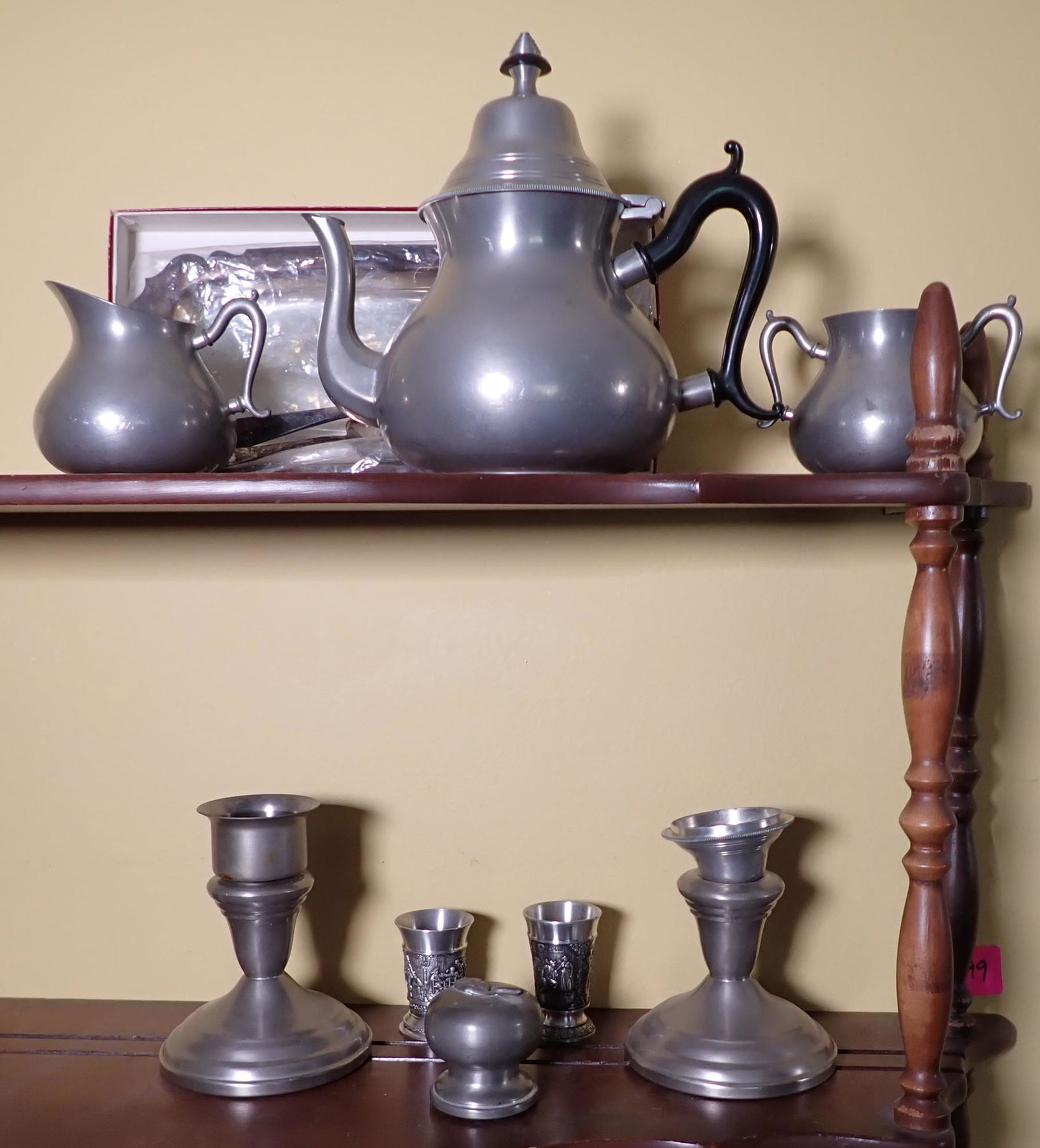Pewter Tea Set Candlesticks Silverplate Tray & Spoon (1 of 2)