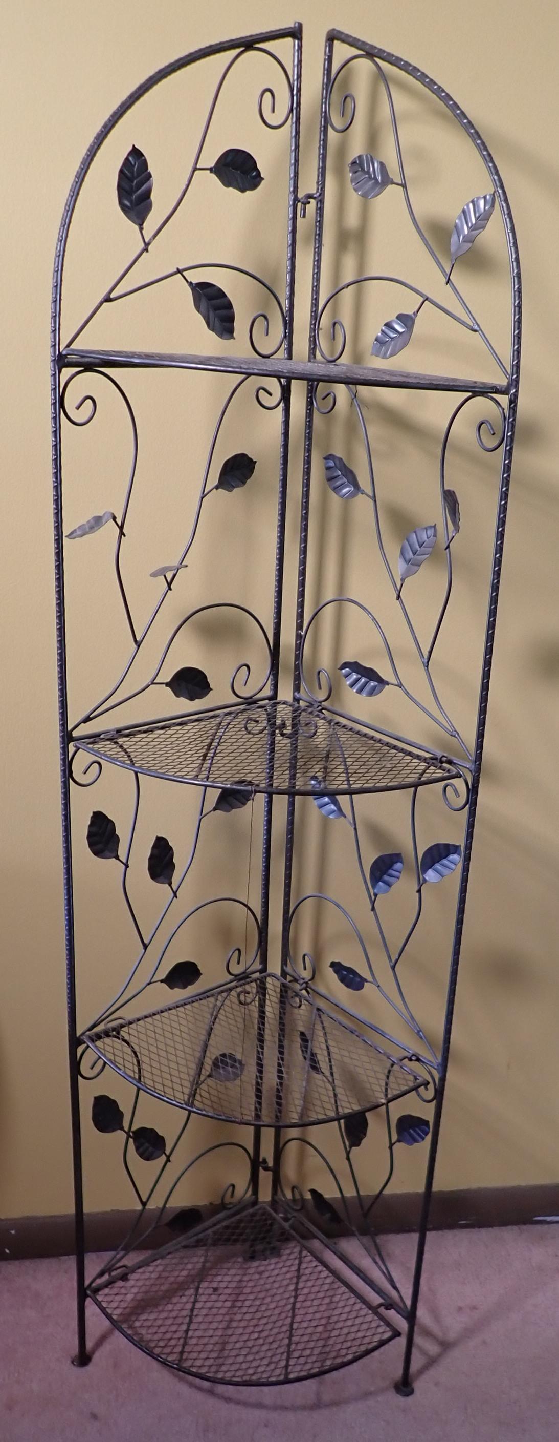 Metal Corner Shelf: Approx 11 1/2" deep, 16" across, and 59" tall. NO SHIPPING !