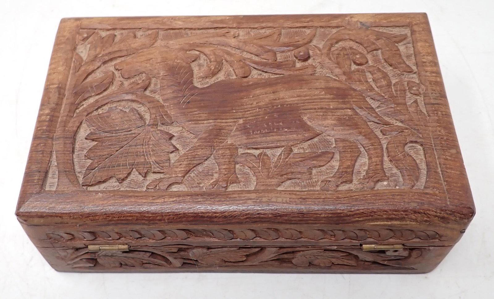 Carved Stag Box w/ Costume Jewelry: Box is approx 5" x 8" x 2 1/2" tall