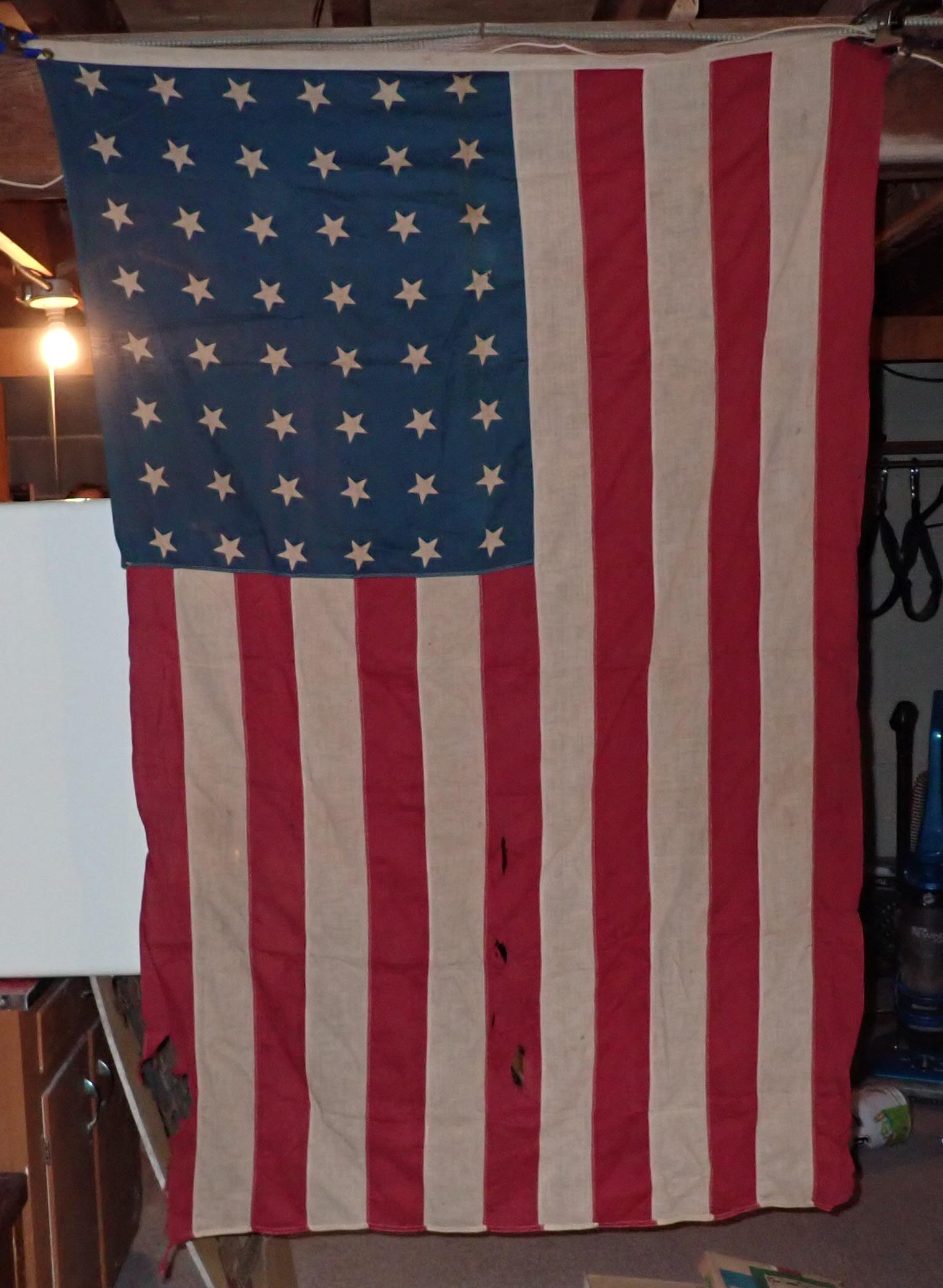 Vintage Worn & Torn American Flag: Approx 43" x 66"