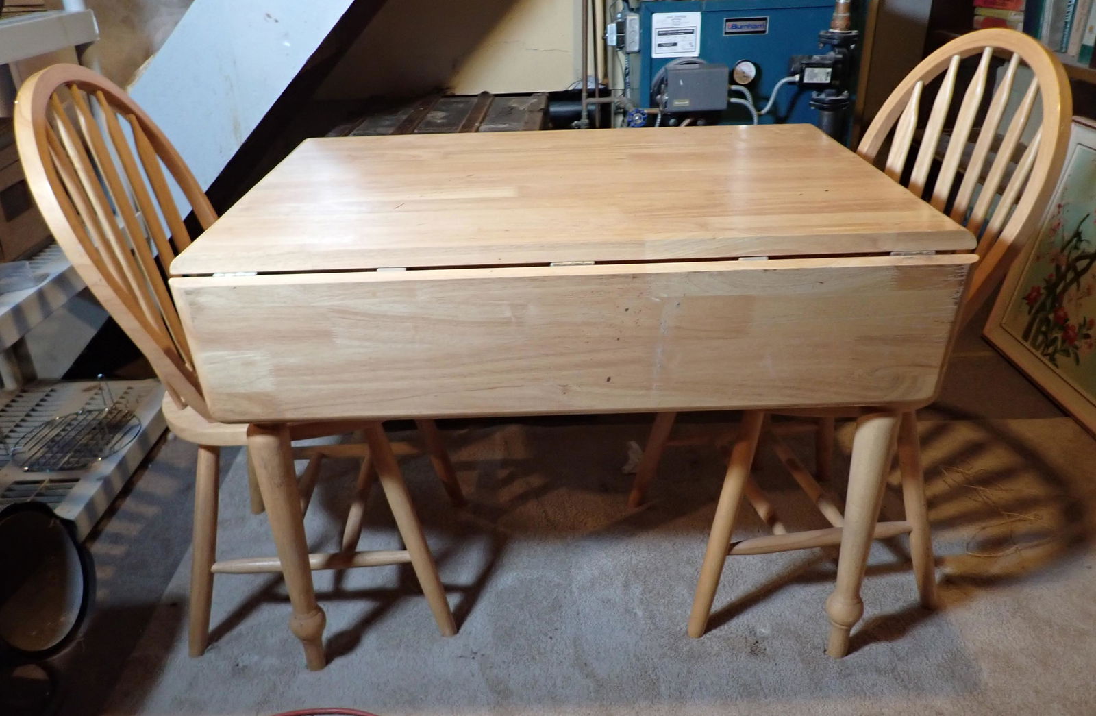 Table and 2 Chairs: Table is approx 28 1/2" ( closed) x 39". No shipping ! Buyer to bring help to remove from basement