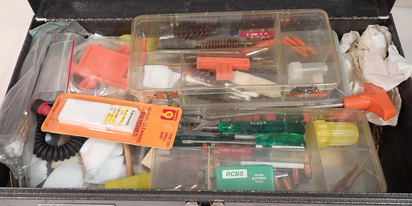 Homak Toolbox w/ Gun Cleaning Supplies: Tool box is approx 9 3/4" x 18 1/4" x 10" tall. Filled with gun cleaning supplies