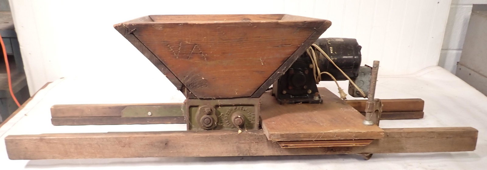 1928 Wine Press w/ Bodine Electric Motor: Hopper is approx 19 1/4" x 20". Total length is approx 50 1/2" long. No shipping, bring help to load.