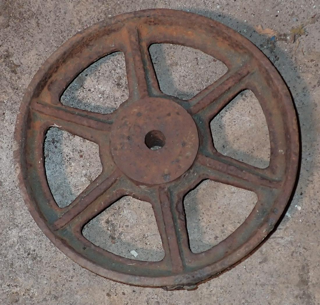 Industrial Equipment Pulley: Approx 14" in diameter, 3" wide and shaft is 1" id