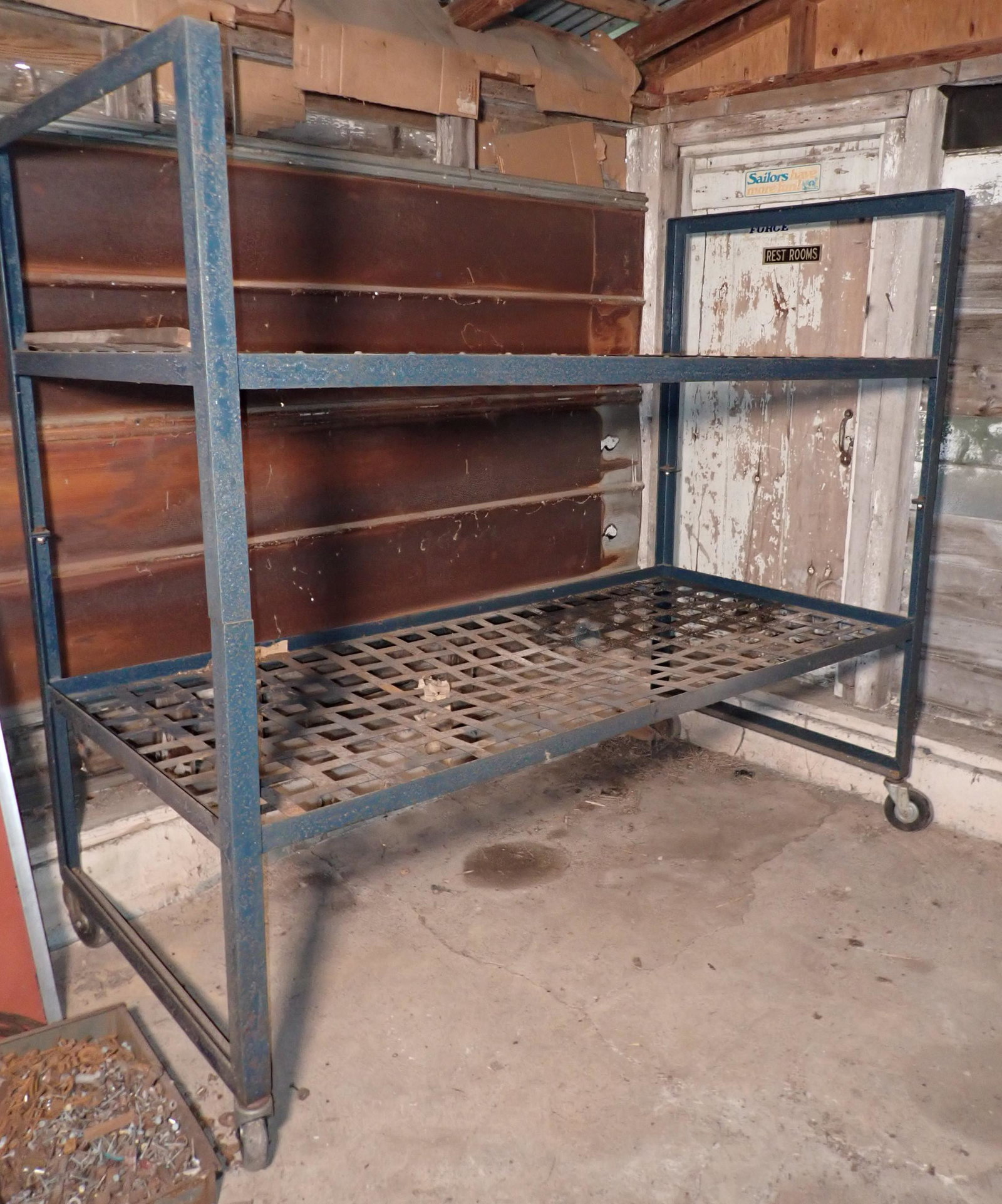 Rolling Metal Shelf: Approx 36 1/2" x 76 1/2" x 66" tall. NO SHIPPING ! Bring help to load