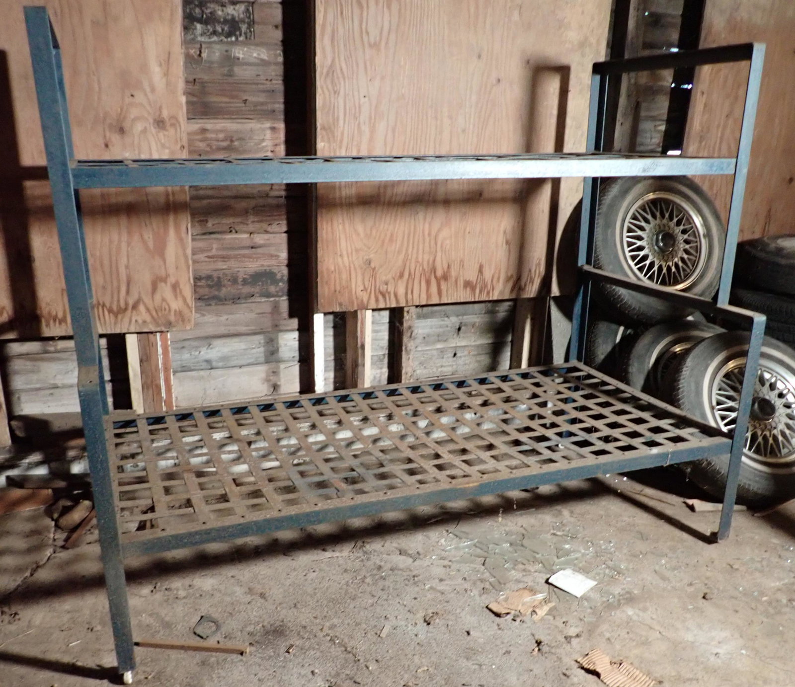 Vintage Heavy Metal Shelf: Approx 36 1/2" ( at base) x 76 1/2" x 61 1/2" tall. No shipping. Bring help to load