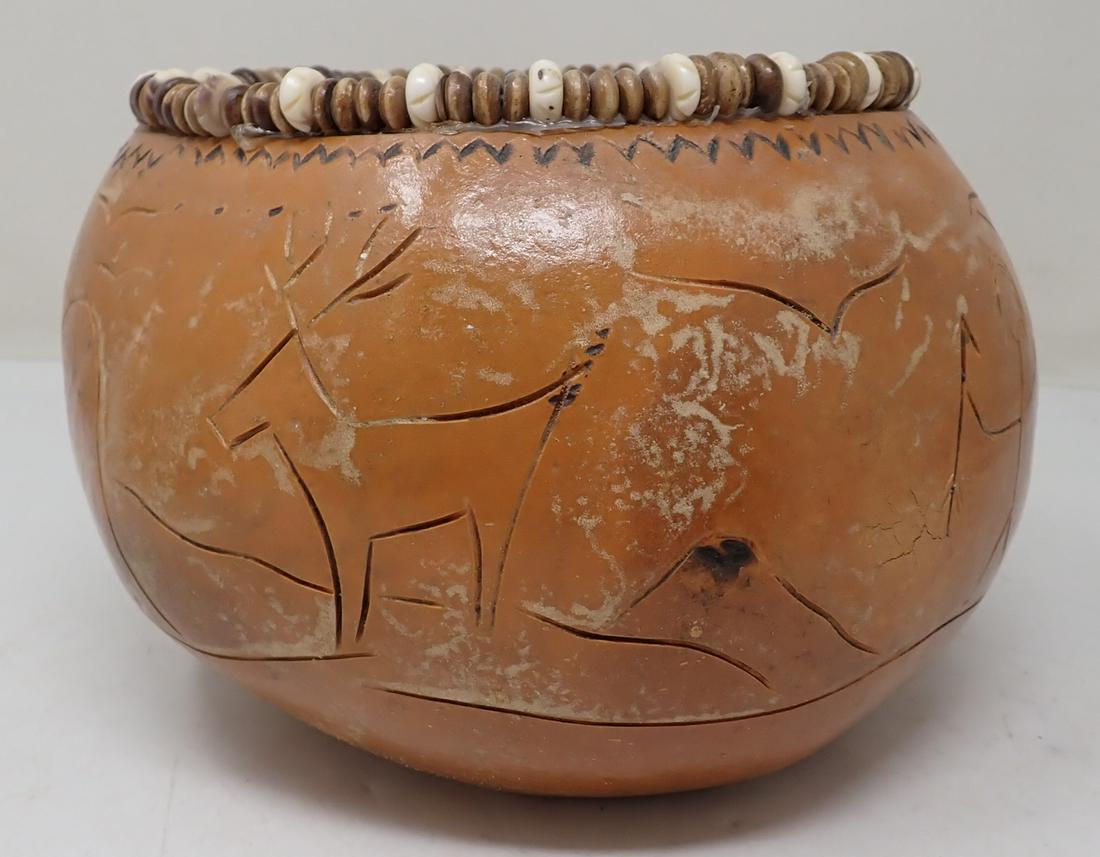 Native American Beaded Gourd Pot NJG: Apprx 7 1/2" in diameter and 5 3/4" tall. Bads attached with hot glue.
