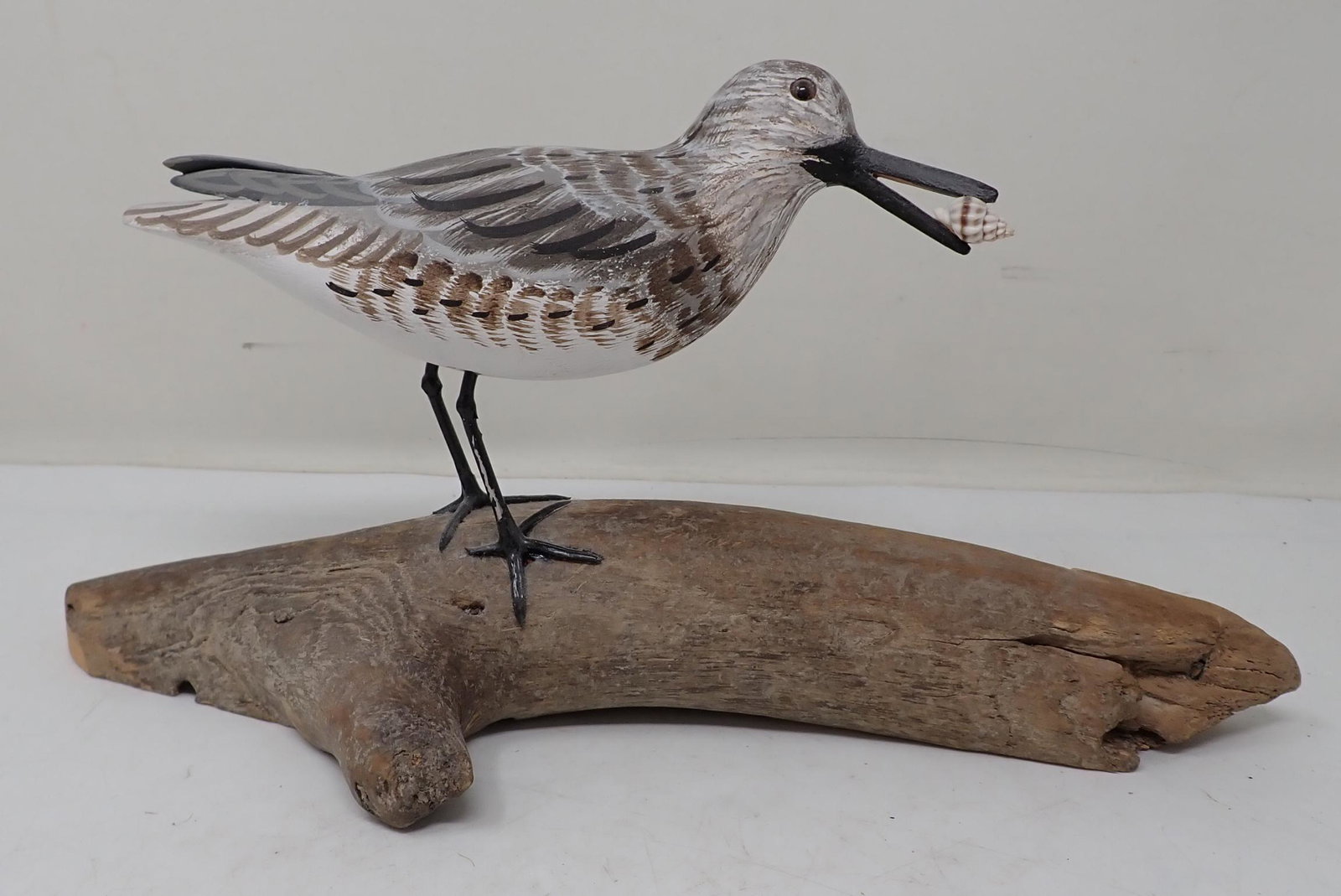 John & Patty Waterfield Sanderling Carving: Approx 10 1/2" long ( driftwood) and 5 3/4" tall.