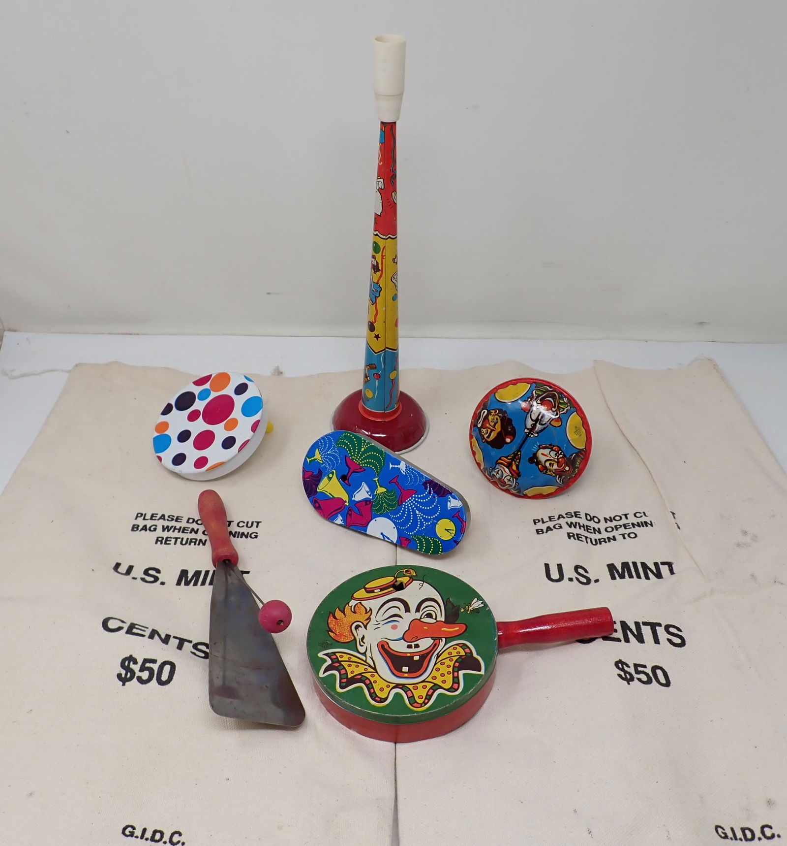 US Mint Bags and Noisemakers: Bags are empty. Longest noisemaker is apprx 11"