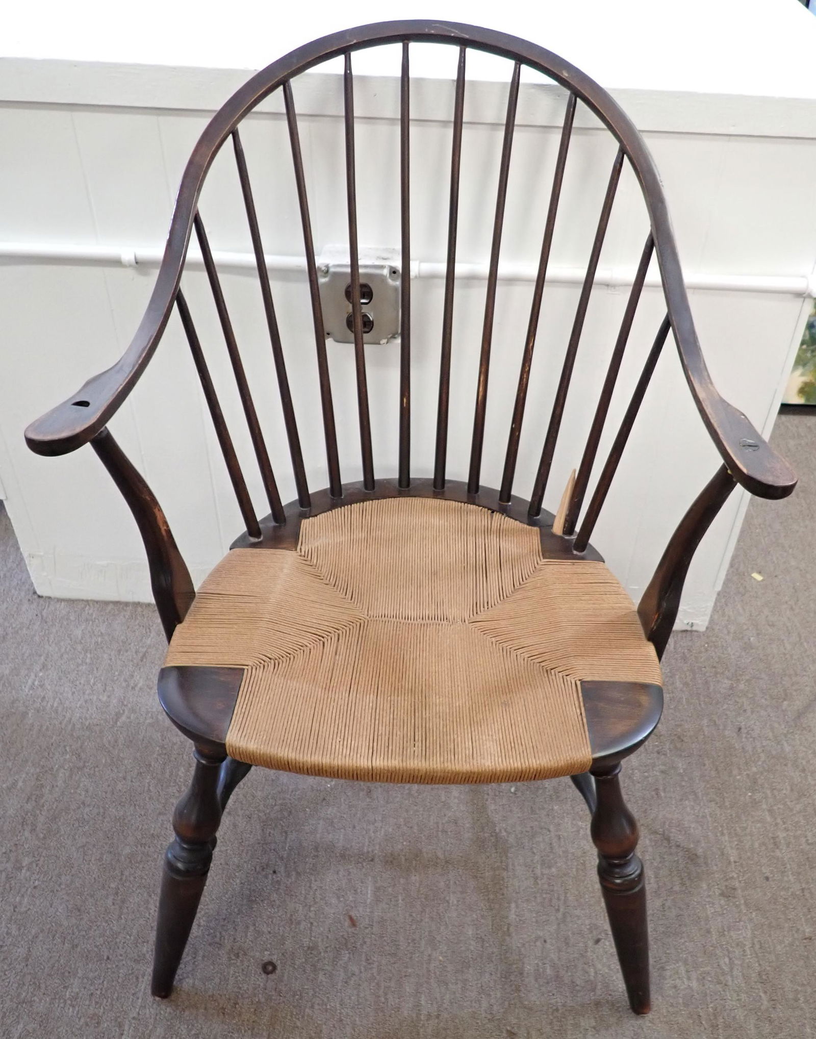 Windsor Chair w/ Rush seat: Approx 24" wide, 18" to seat, 18 1/2" deep, 36" tall. NO SHIPPING