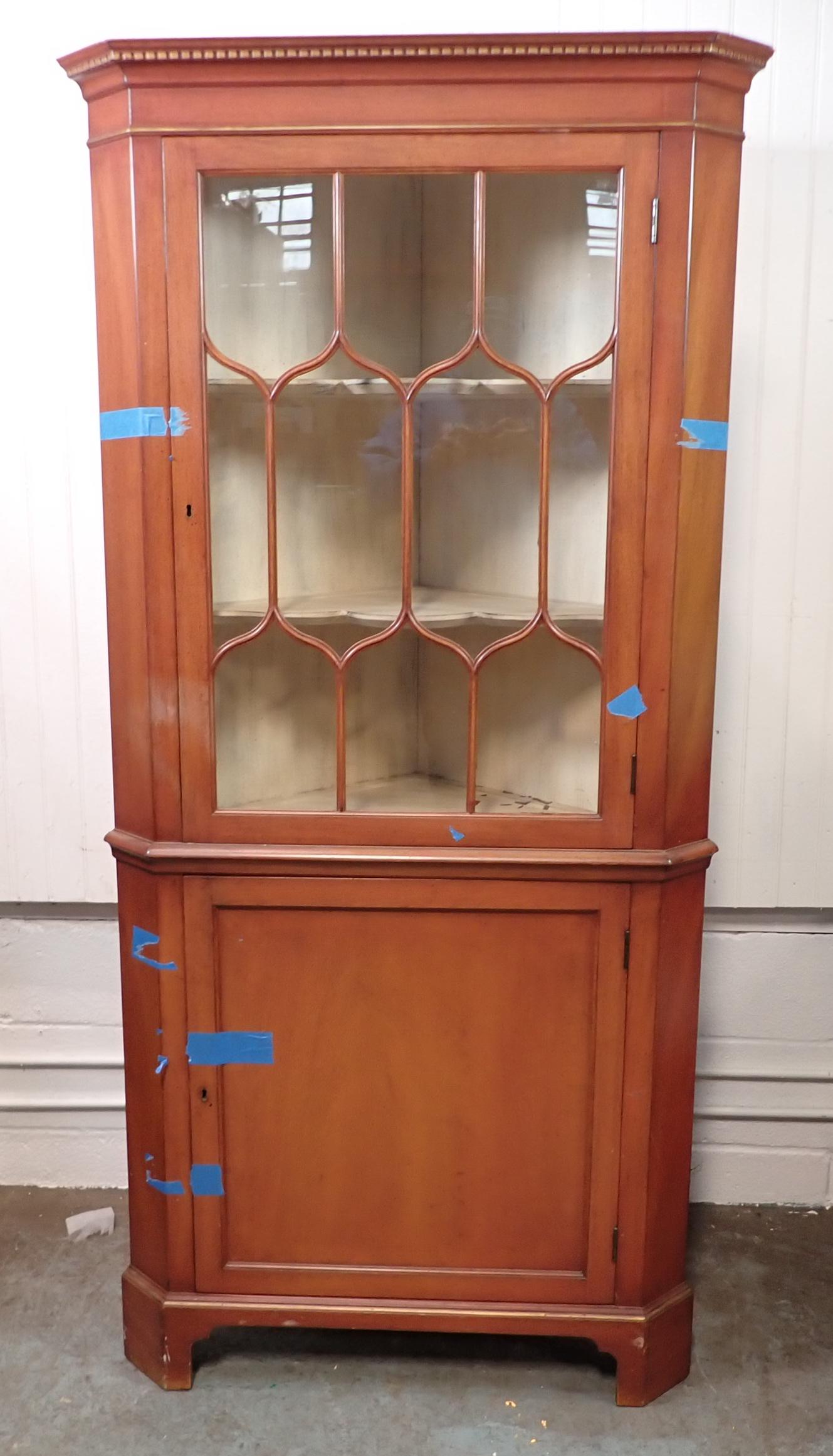 Vintage Corner Cupboard: Approx 35" across, 20 3/8" deep, and 72 1/4" tall. No shipping. Bring help to load. Has painters tape on it , that needs to be removed