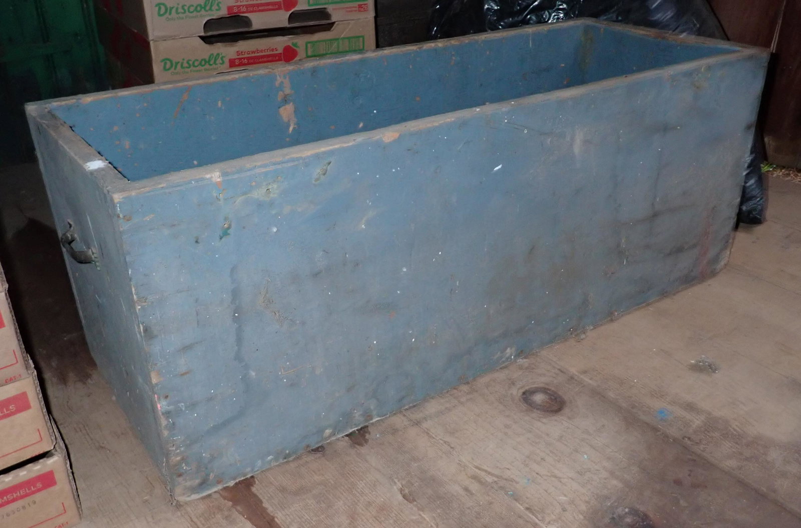 Wood Box in Blue Paint: Approx 14" x 36" x 14" tall. NO SHIPPING