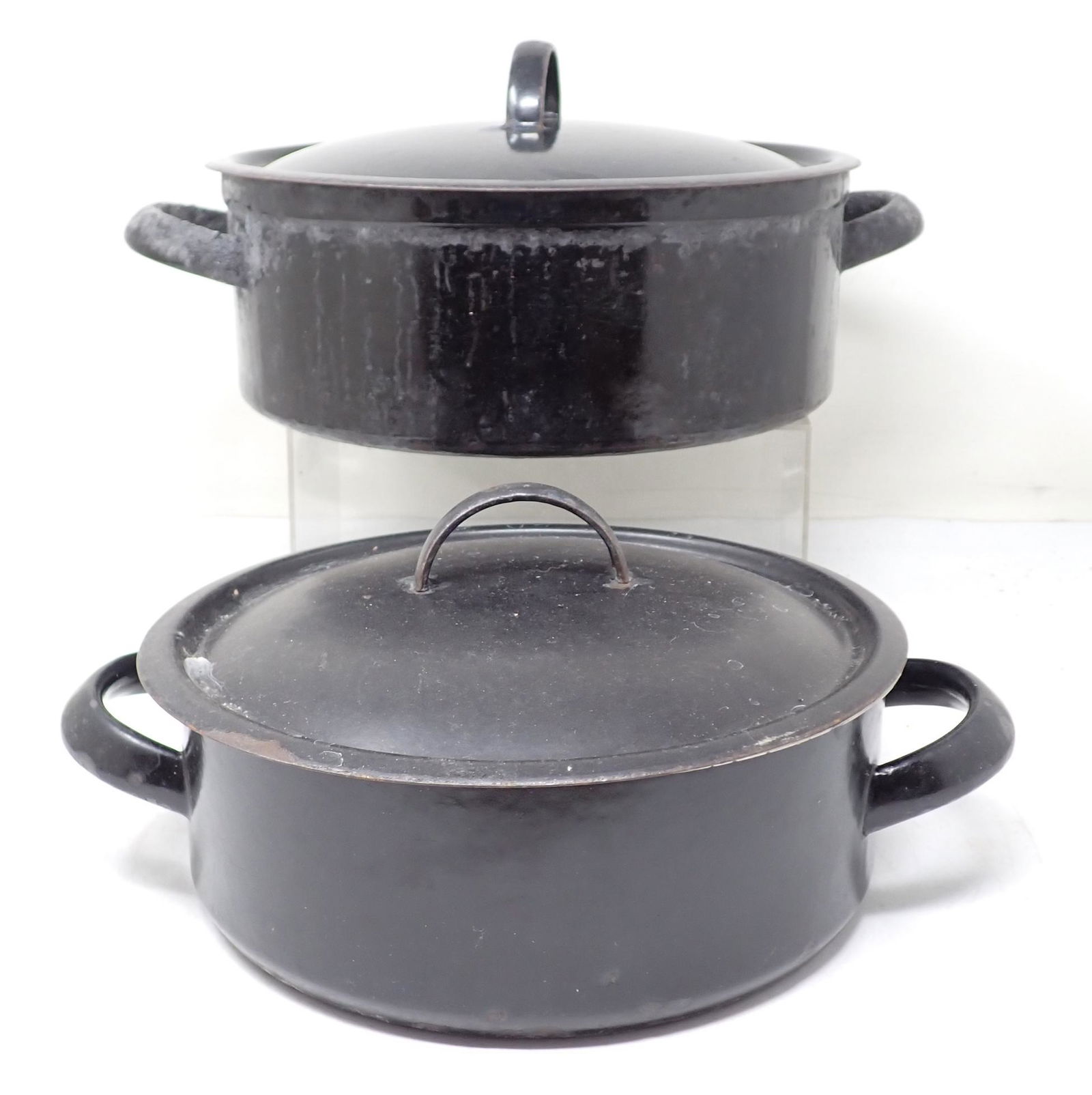 Cast Iron Enameled Pots: Largest is approx 9 3/4" in diameter and 5 1/2" tall.