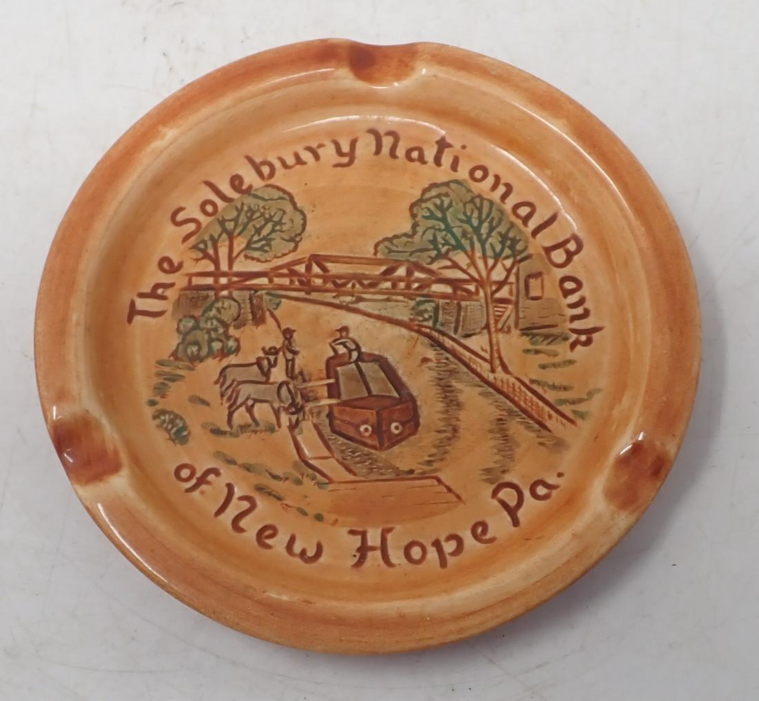 Pennsburg Pottery New Hope Pa Ashtray: Solebury National Bank ashtray is approx 5 1/8" in diameter