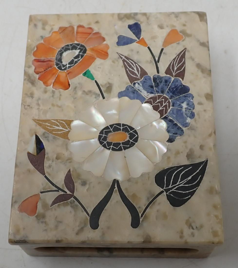 Stone Trinket Box w/ Mother of Pearl Flower Inlay: Approx 3 1/8" x 4 1/8" x 1 1/4" tall