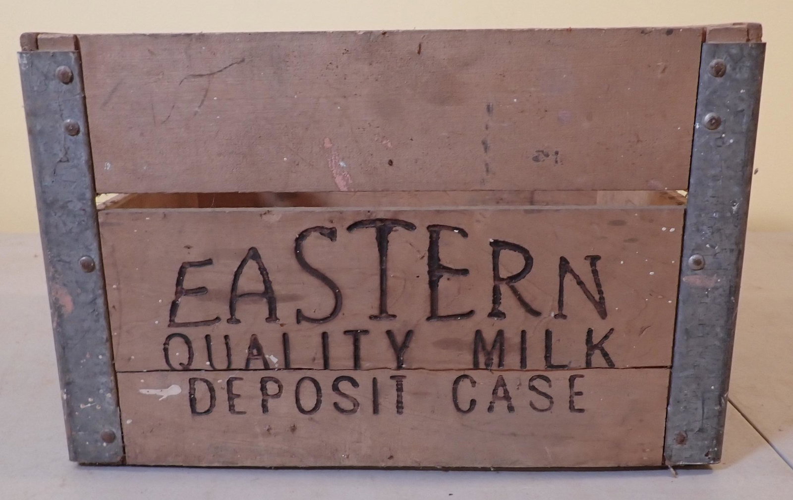 Eastern School Milk Wooden Crate: Approx 13" x 16" x 10 3/4" tall.