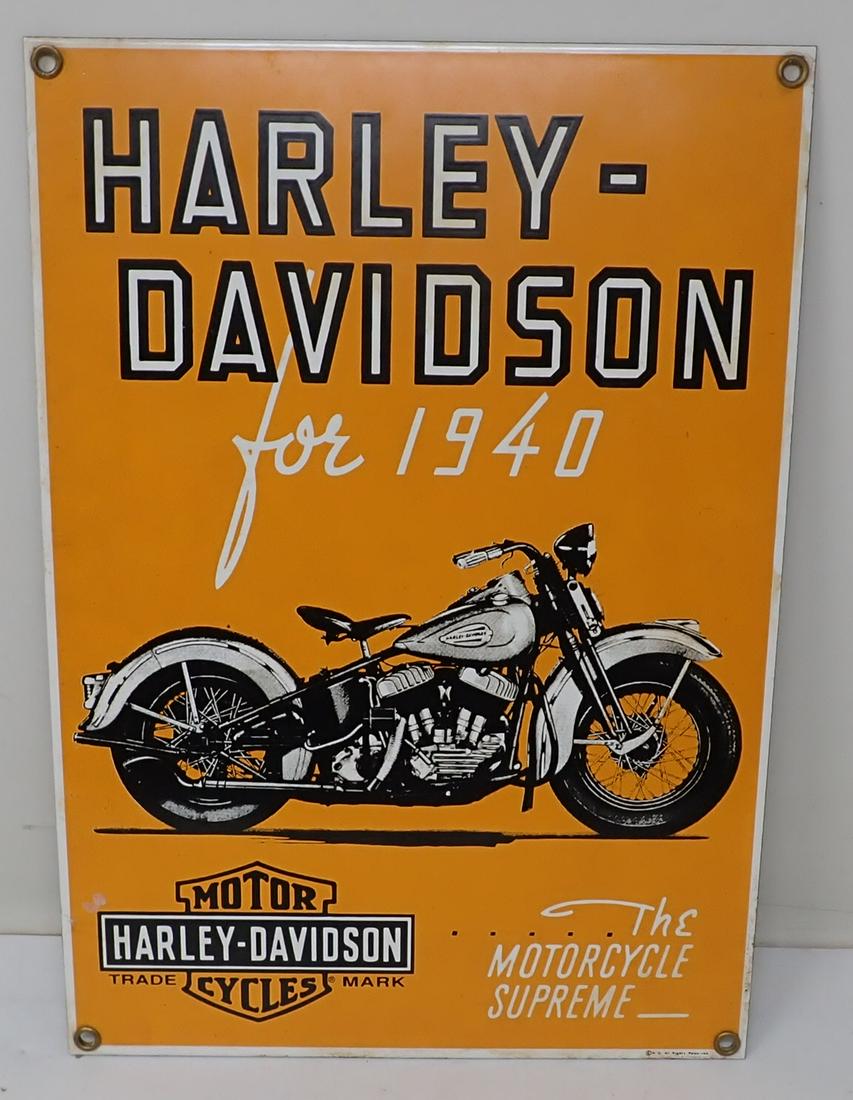1940 Harley Davidson Porcelain Sign: Ande Rooney porcelain sign is approx 8 1/2" x 12"