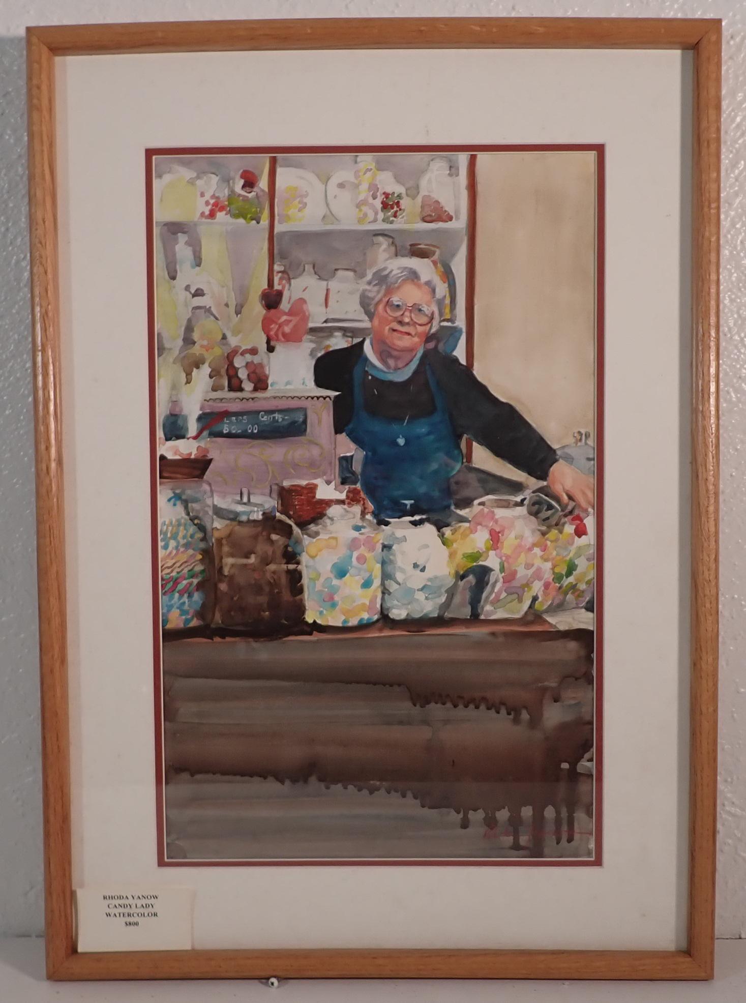 Rhoda Yanow Candy Lady Watercolor: Signed Candy Store watercolor is approx 20 1/2" x 29"