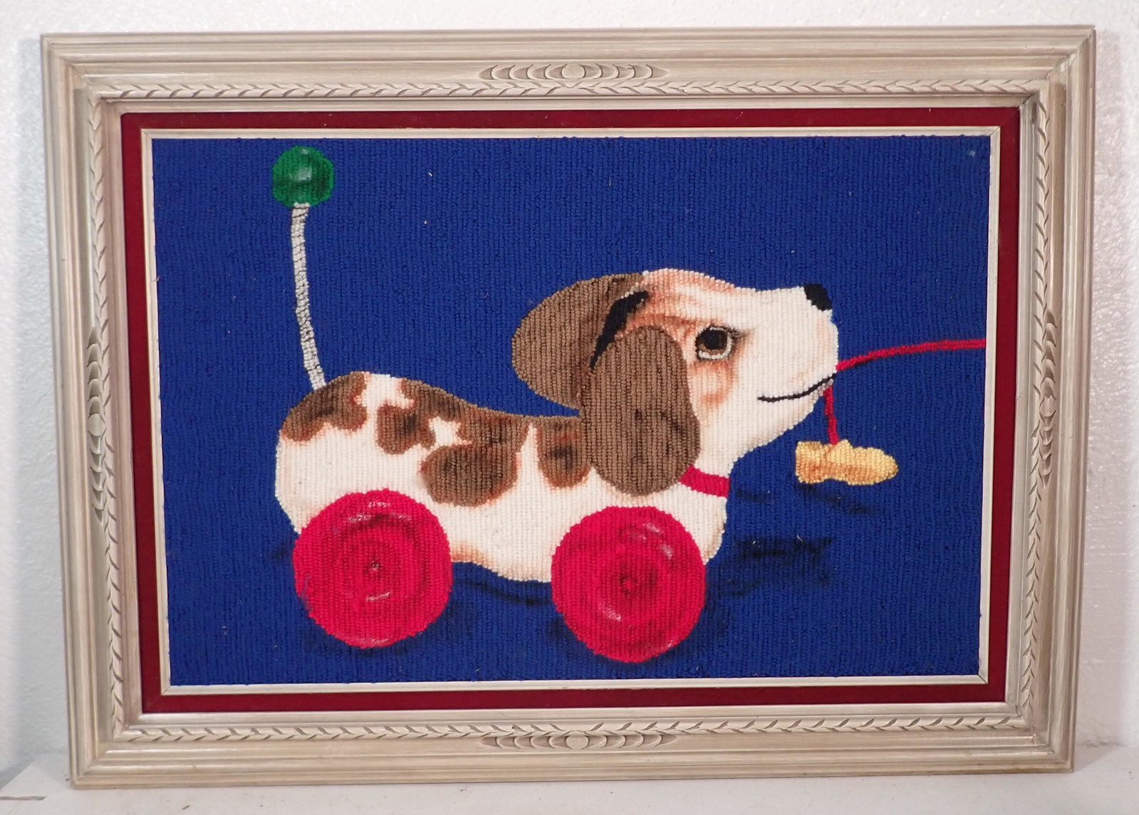 Framed Hooked Fisher Price Dog Pull Toy: Approx 27" x 38"