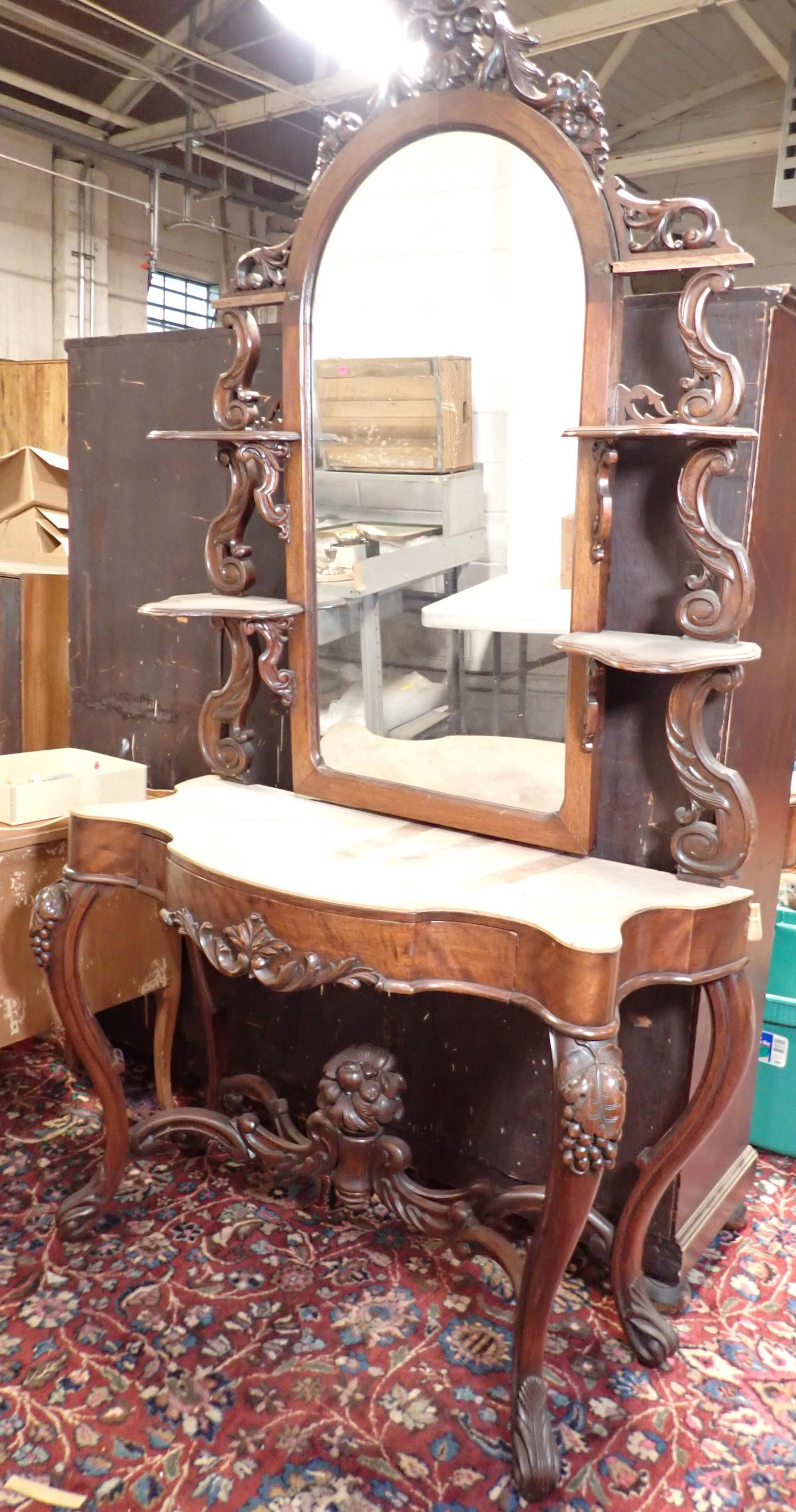 Walnut Vanity: Apprx 19" x 43" x 83" tall. No shipping ! Bring help to load.