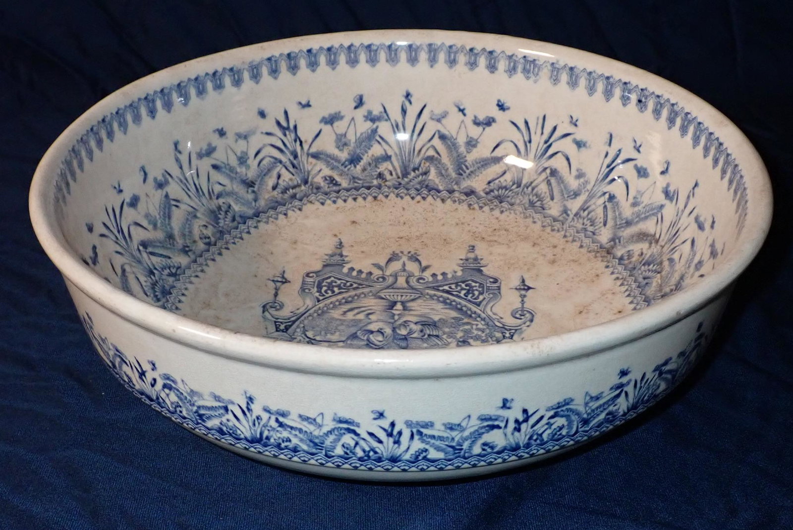 Large Ironstone Bowl: Approx 14 1/4" in diameter and 5" tall.