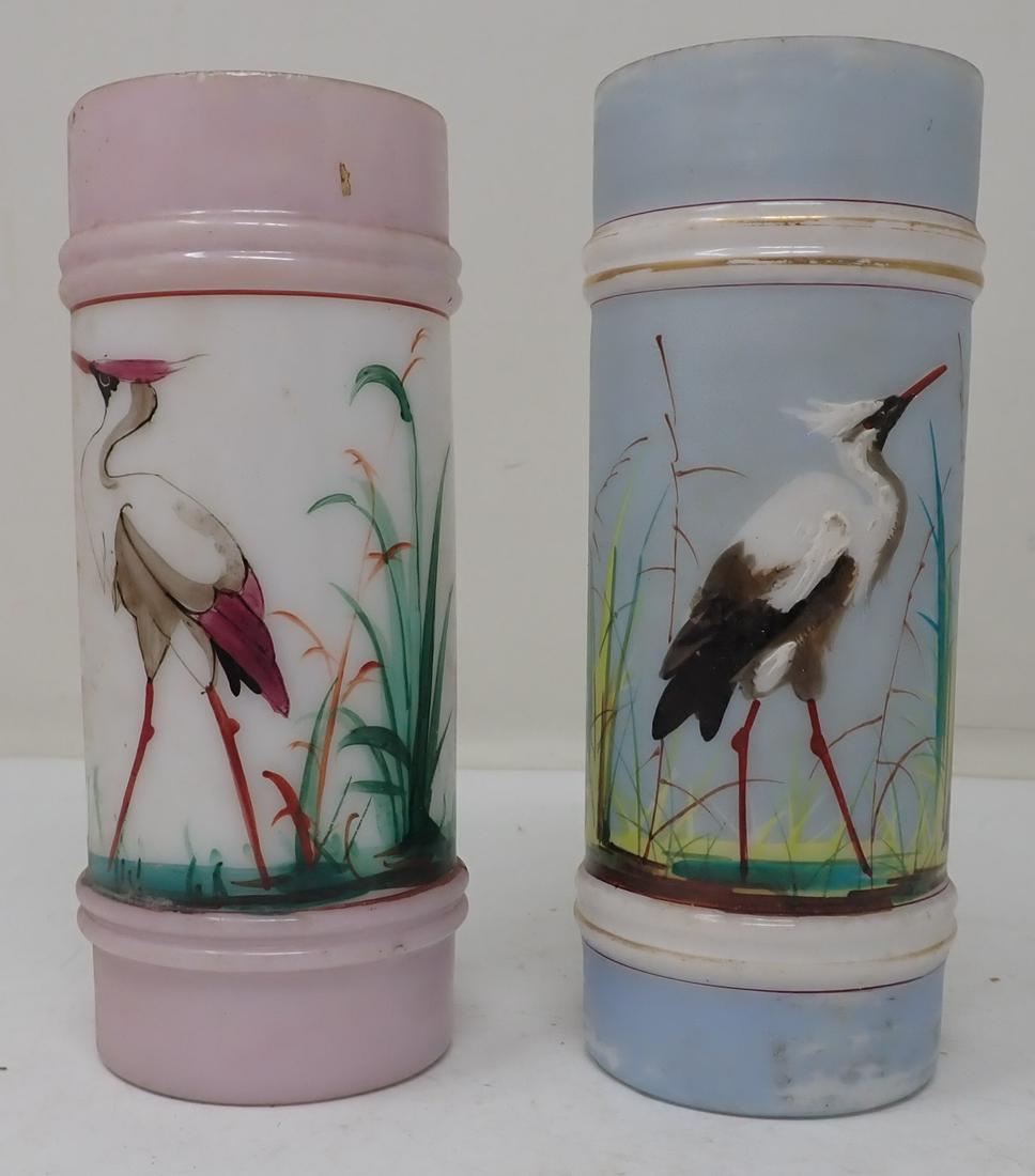 Hand Painted Vases with Cranes: Approx 2 1/4" in diameter. Tallest is approx 6" tall. One has hole drilled in base.