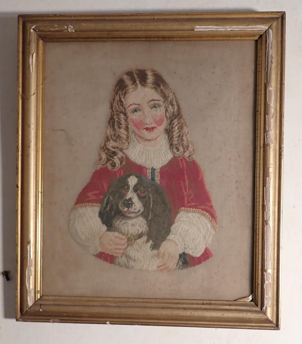 Little Girl w/ Dog Needlepoint: Approx 17 1/2" x 20 1/2"
