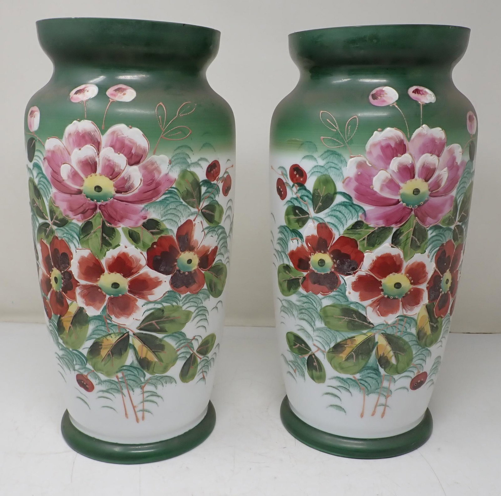Pair of Early Hand Painted Vases: Approx 6 1/2" in diameter and 13 1/2" tall