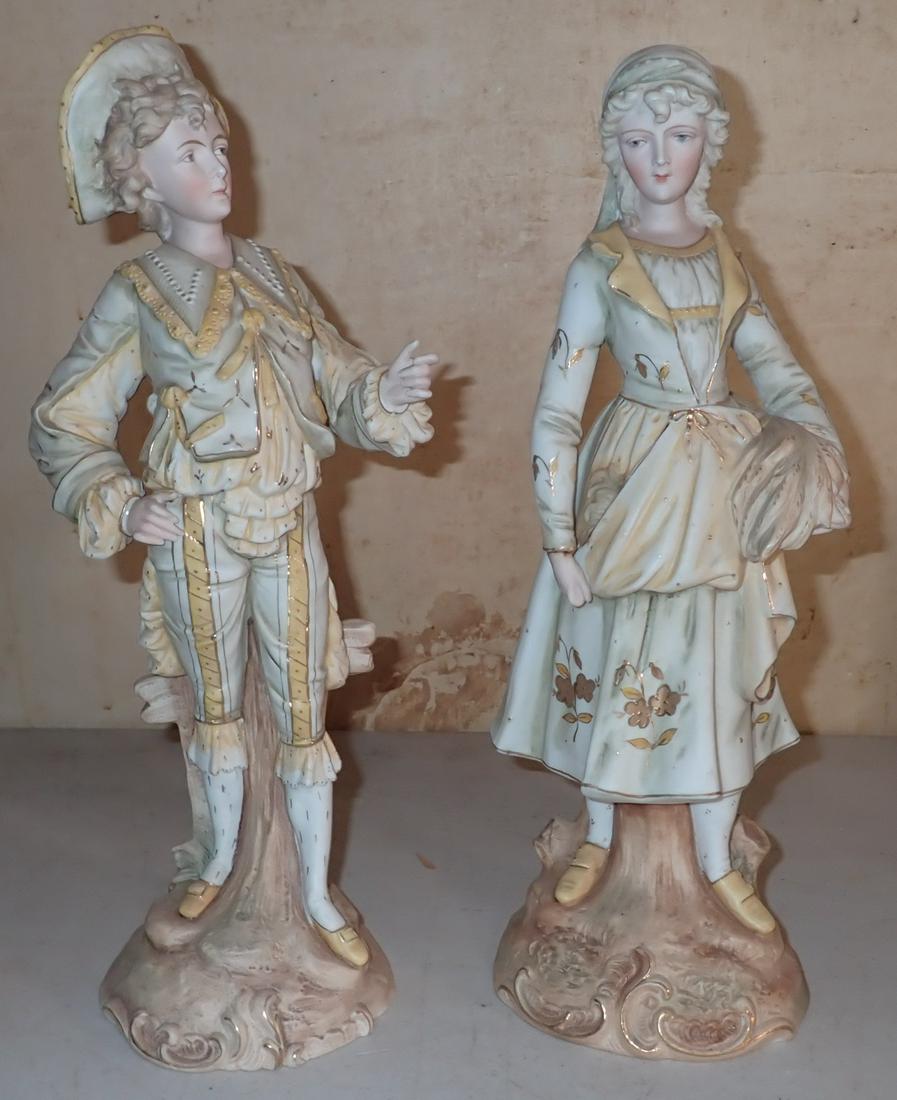 Pair Rudolstadt German Bisque Statues: Victorian figaures are Approx 14 1/2" tall