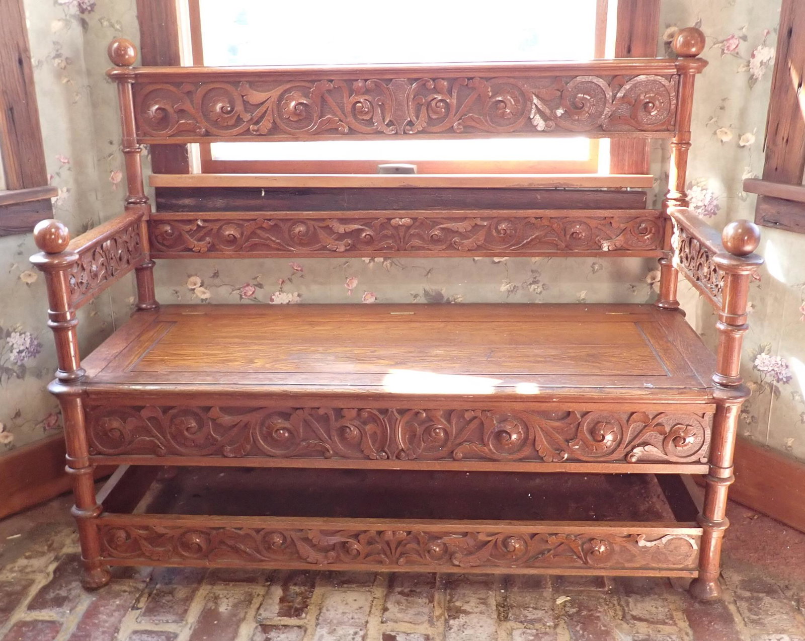 Oak Deacons Bench: Approx 48" long, 17" to seat, 19" deep, 40" tall. No shipping, bring help to load.