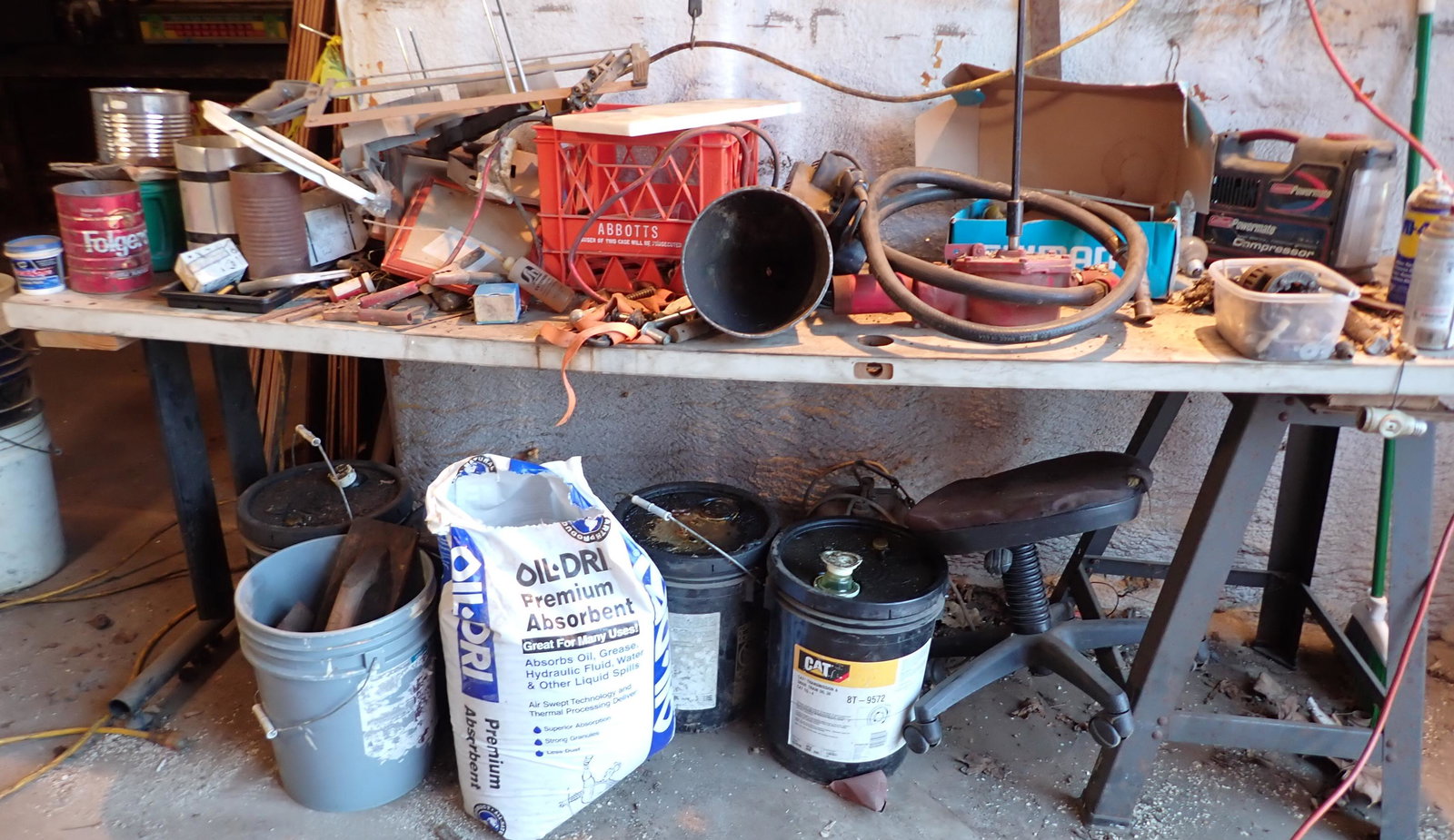 Table Contents: Lot includes all on and under table. No sure what is in 5 gallon buckets. Take what you want and leave the rest. NO SHIPPING !
