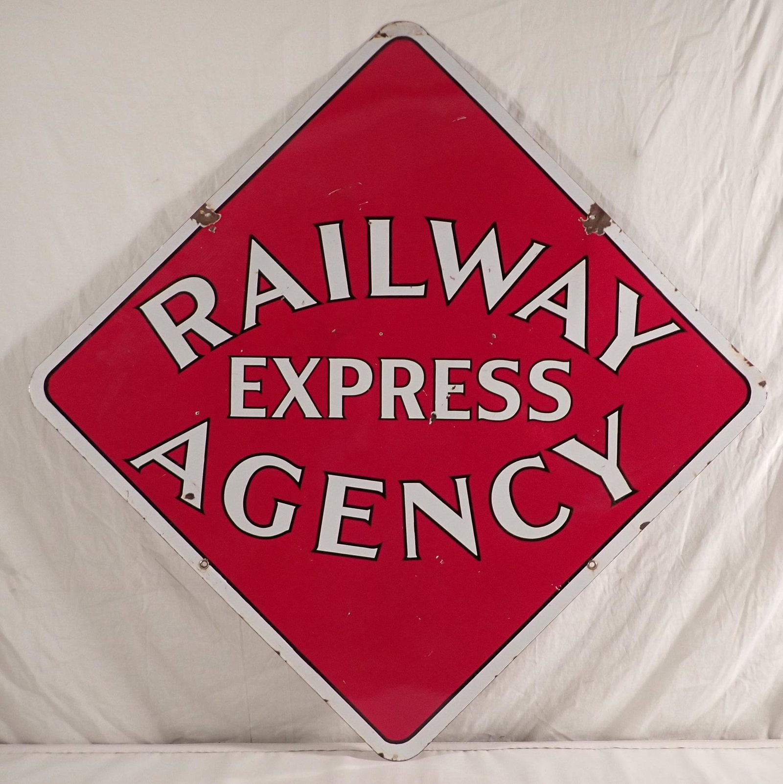 Railway Express Agency Double Sided Porcelain Sign: Double Sided porcelain sign is apprx 36" x36". NO SHIPPING !