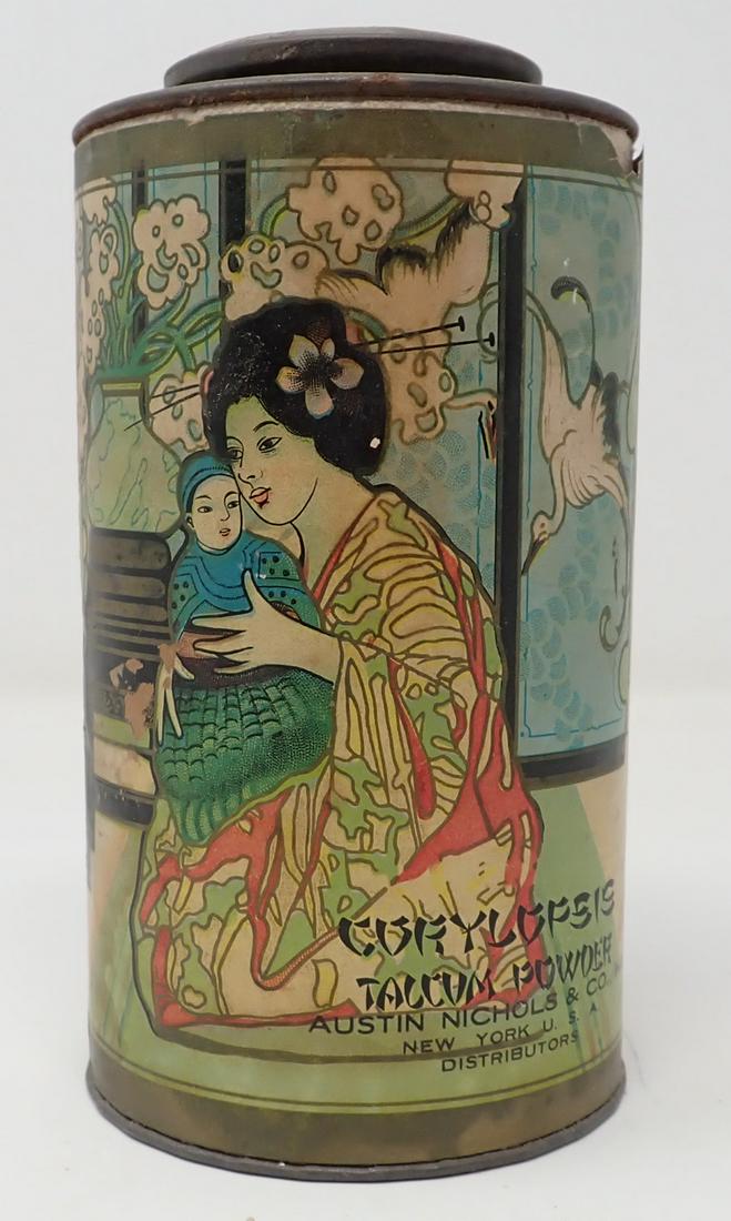 Austin Nichols Chinese Talcum Powder Tin: Approx 3 1/8" in diameter and 6" tall
