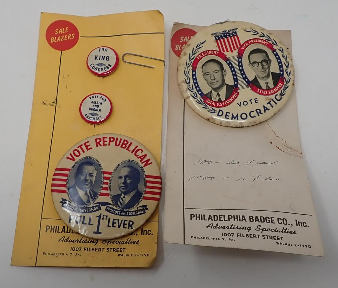 Republican Democrat Political Pinbacks: King , Keller & Kooker, Wood / Truscott ( 3" in diameter), Stevenson / Kefauver