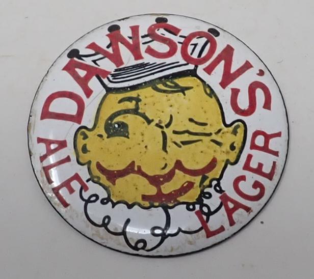 Dawson's Ale Lager Enameled Pin: Approx 1 1/2" in diameter. Believed to have been a pinback. Sold as pictured
