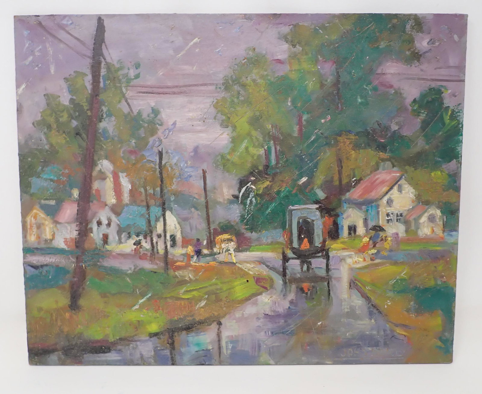 John Reilly Rainy Amish Day Painting: Signed oil on board is apprx 11" x 13 3/4"