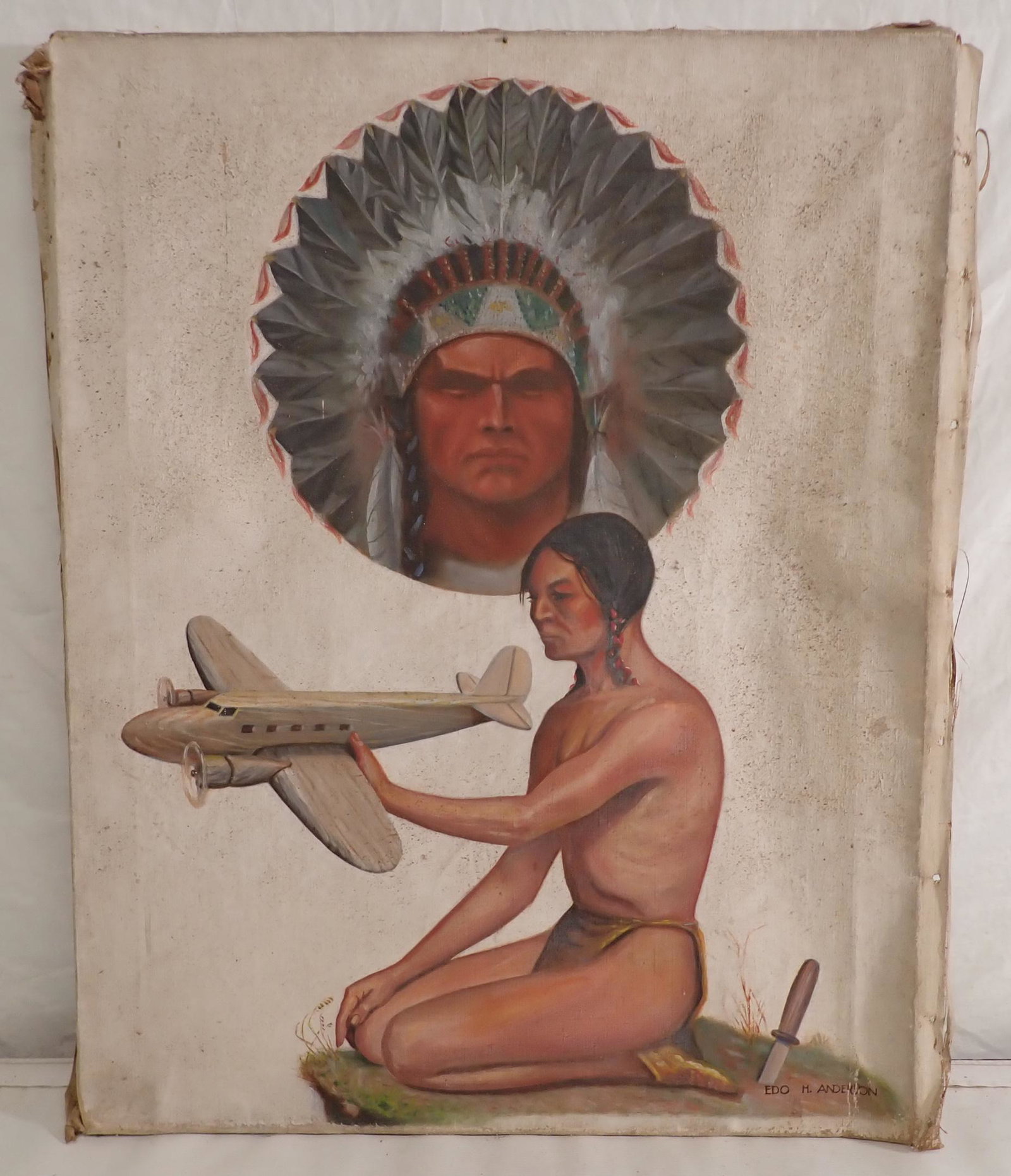 Edo Anderson Indian w/ Airplane Painting: Oil on Canvas Painting is approx 22" x 28"